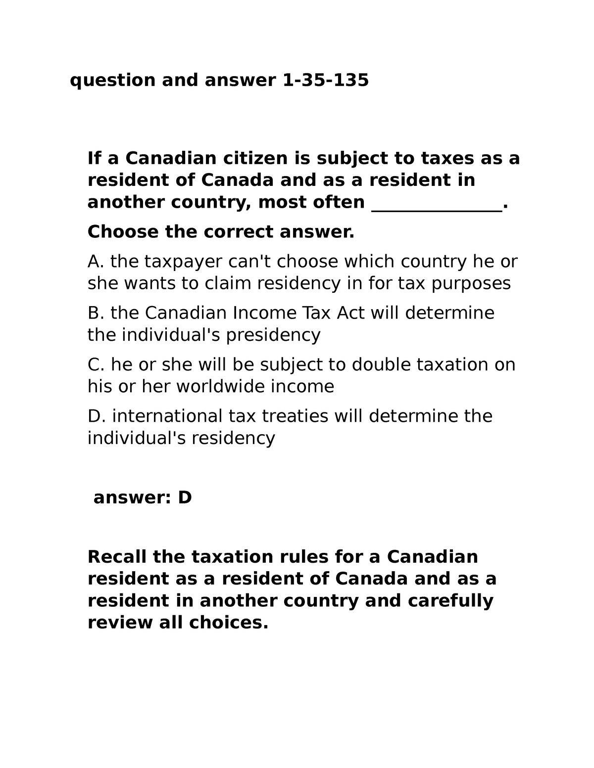 Question and answer 135135,Canadian Tax Principles 20202021 Byrd