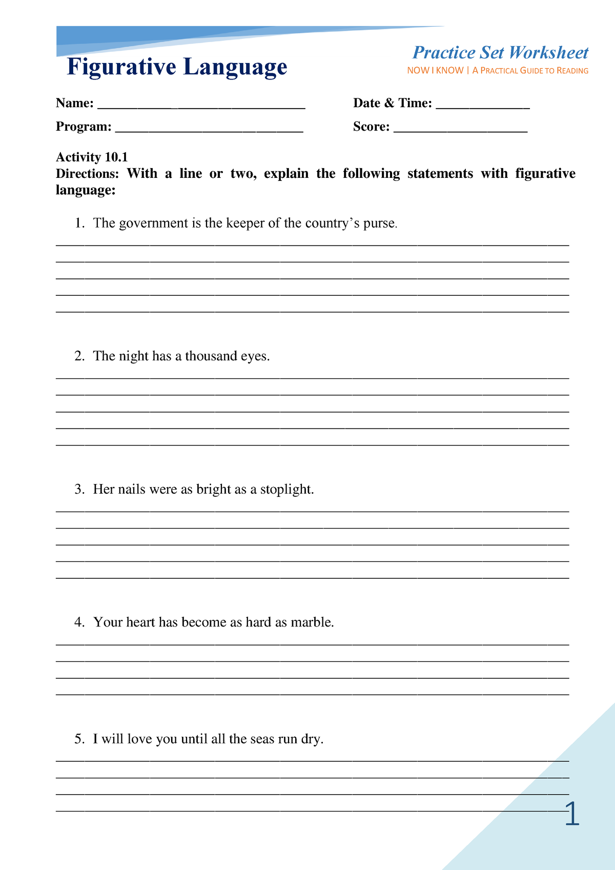 UGE 1 Practice Set Worksheet - 5Figurative Language - Figurative ...