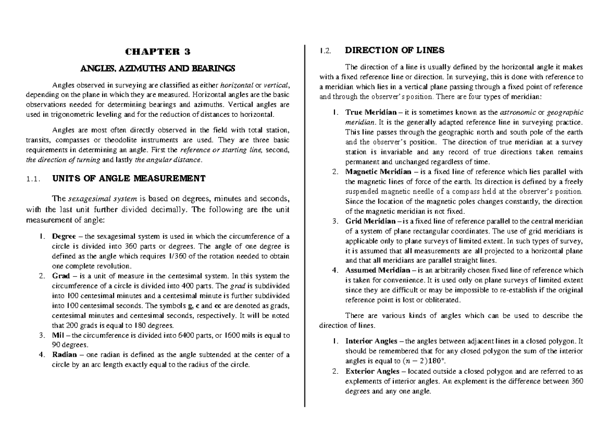 Module 3 - FOS - CHAPTER 3 ANGLEs, AZIMUTHS And Bearings Angles ...