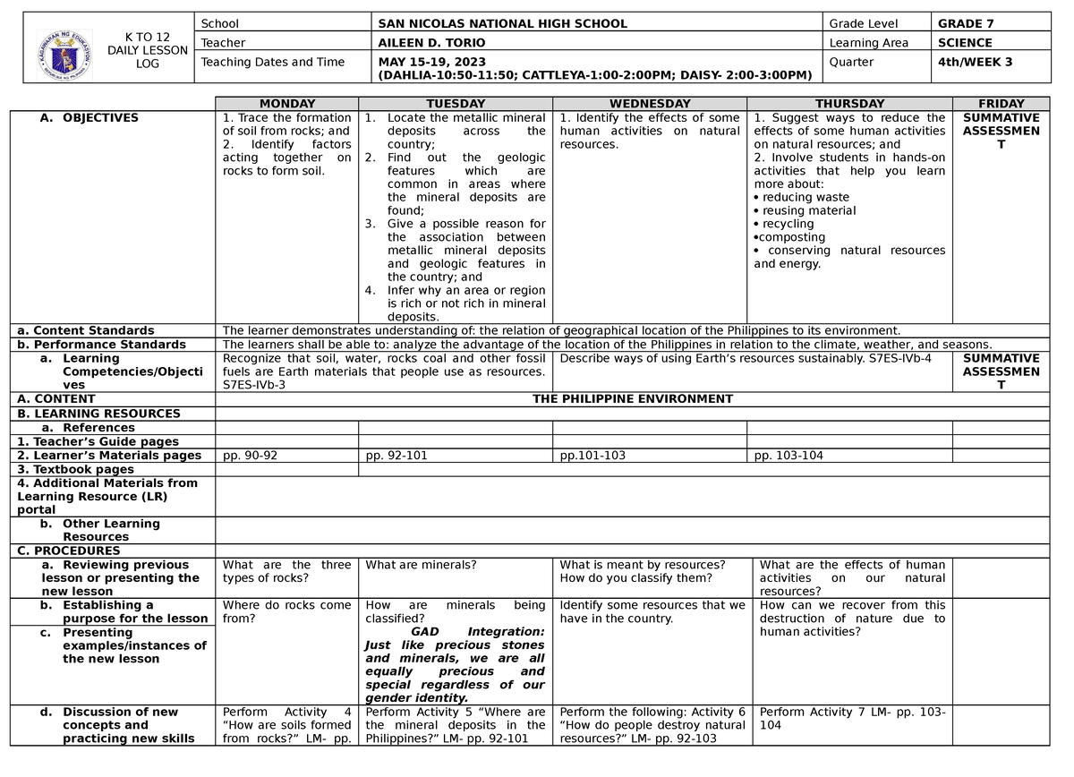 Quarter 4 Week 3 Science 8 - K TO 12 DAILY LESSON LOG School SAN ...