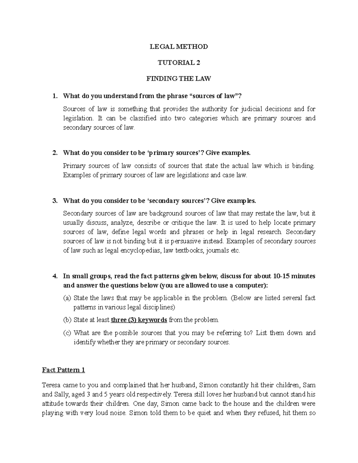 Tutorial 2 Finding the law - LEGAL METHOD TUTORIAL 2 FINDING THE LAW ...