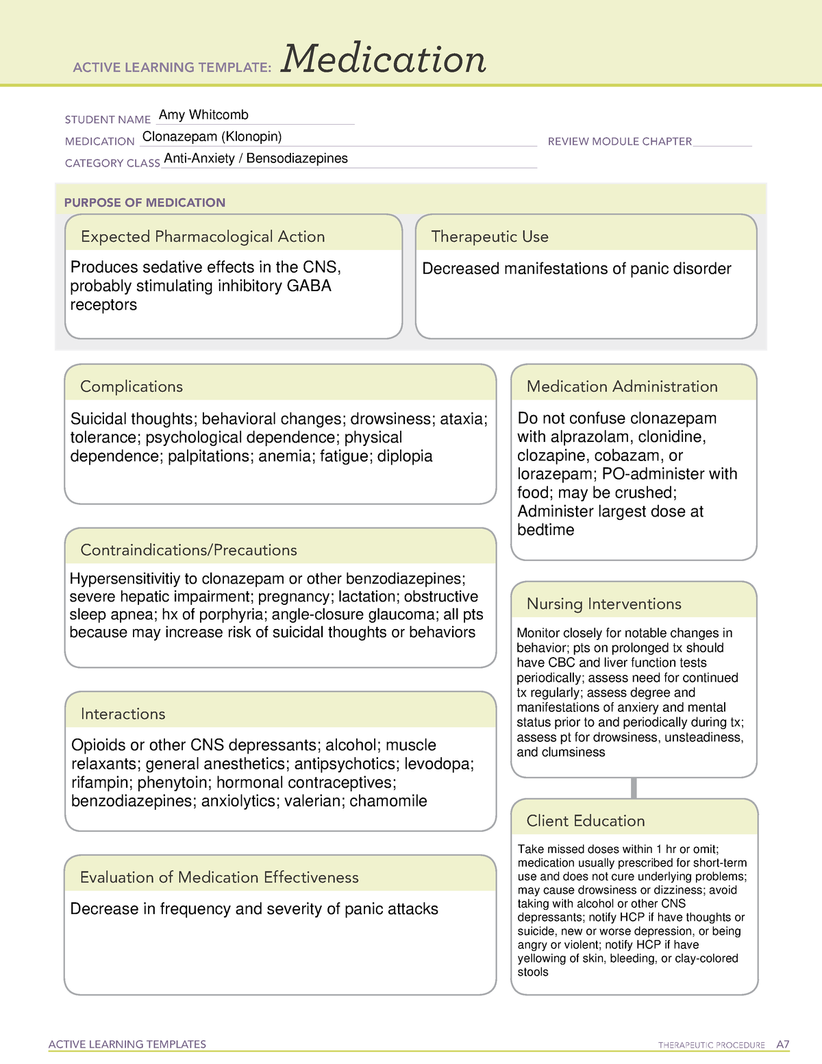 ATI Clonazepam Medication Sheet ACTIVE LEARNING TEMPLATES THERAPEUTIC