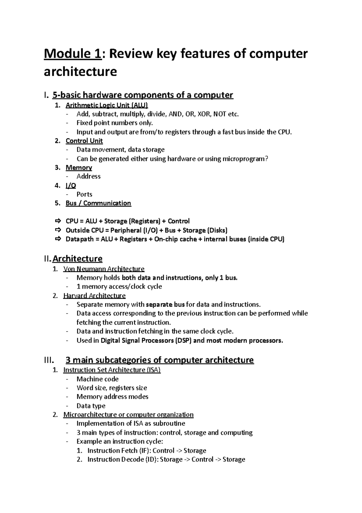 Lec Notes - Module 1: Review key features of computer architecture I. 5 ...