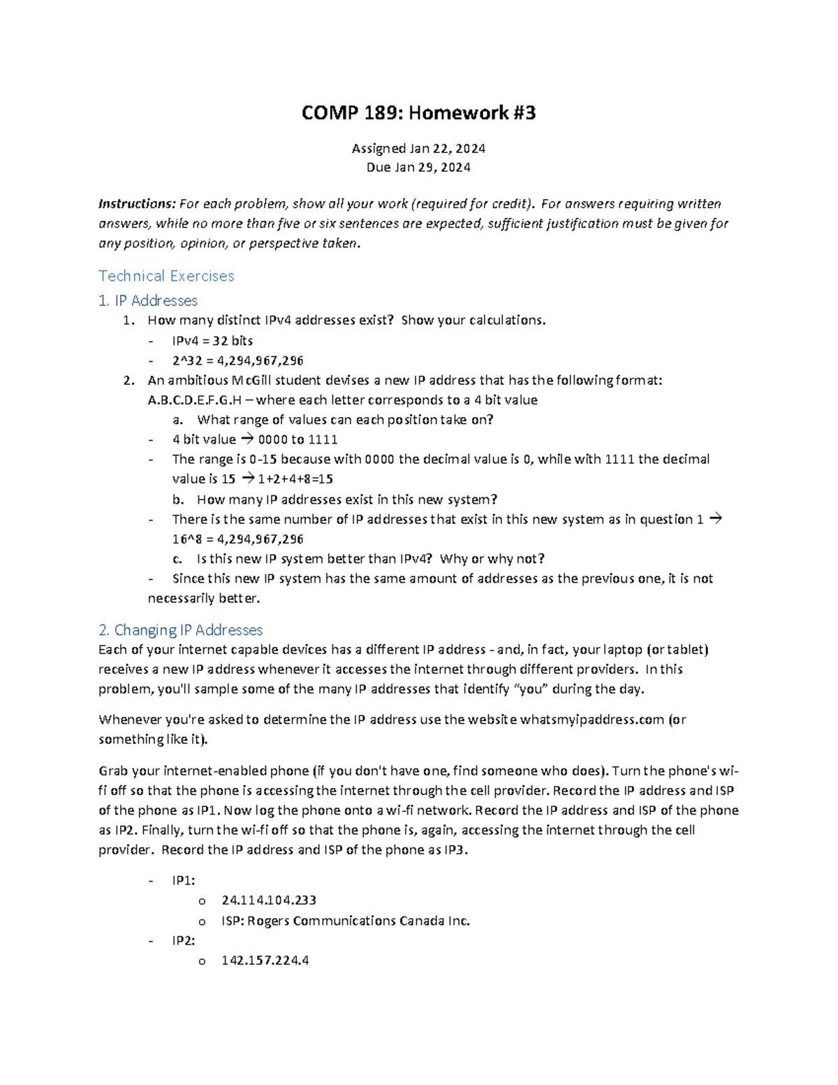 Hw3 - homework 3 - COMP 189: Homework # 3 Assigned Jan 2 2 , 20 24 Due ...