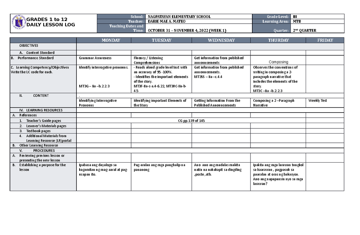 DLL MTB 3 Q2 W1 - Technology for Teaching and Learning 1 - GRADES 1 to ...