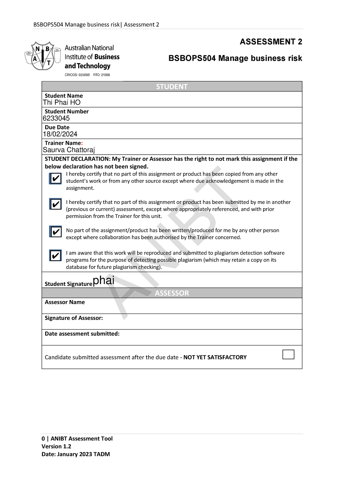 Bsbops 504 Manage Business Risk TPH - 0 | ANIBT Assessment Tool Version ...