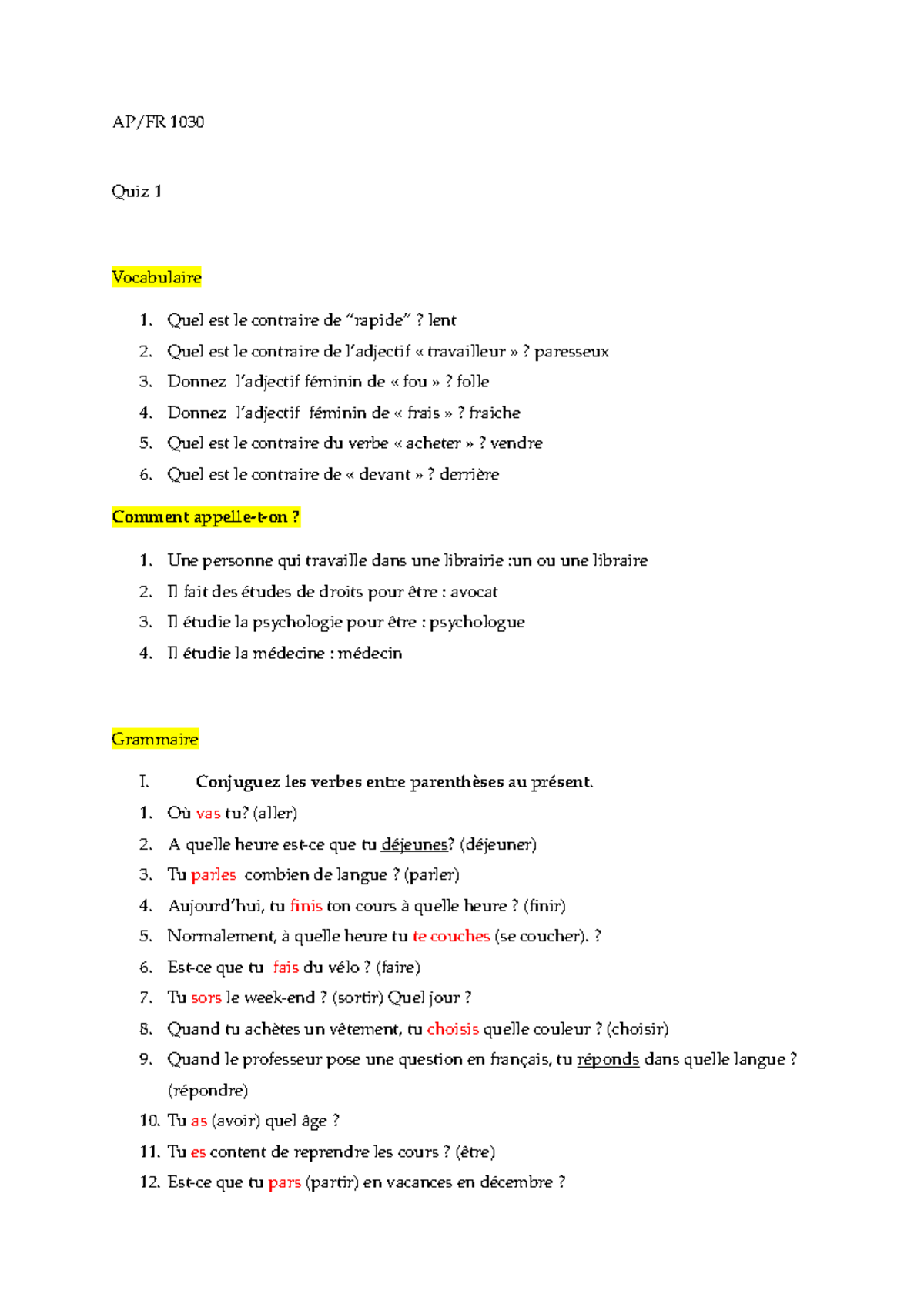 Corrige Revision 1 Ap Fr 1030 Quiz Vocabulaire Quel Est Le Contraire De Rapide Studocu