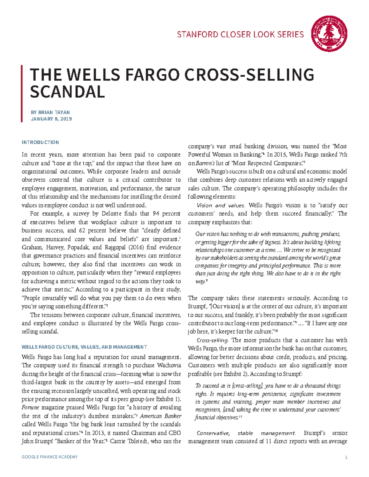 Wells fargo cross selling scandal - BY BRIAN TAYAN JANUARY 8, 2019 THE ...