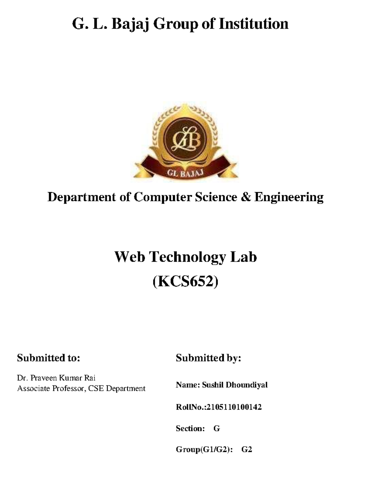 WT Lab - Frontpage & Index - B.tech - G. L. Bajaj Group of Institution ...