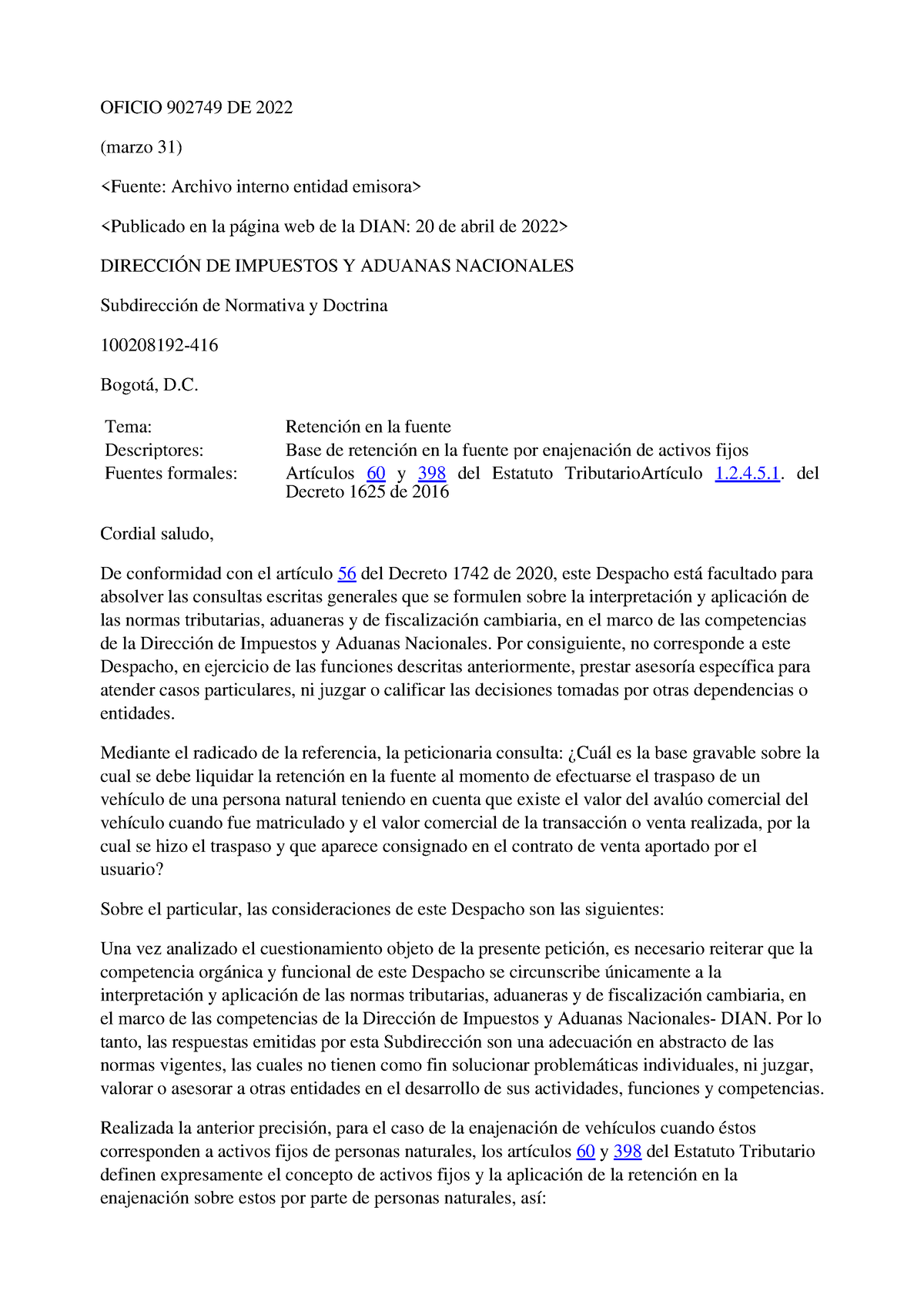 Oficio DIAN No.902749 de 2022 y Artículo 398 Estatuto Tributario ...