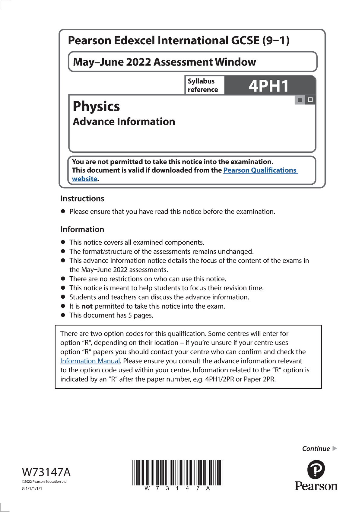 Pearson Edexcel International GCSE In Physics (4PH1) Paper 1P and