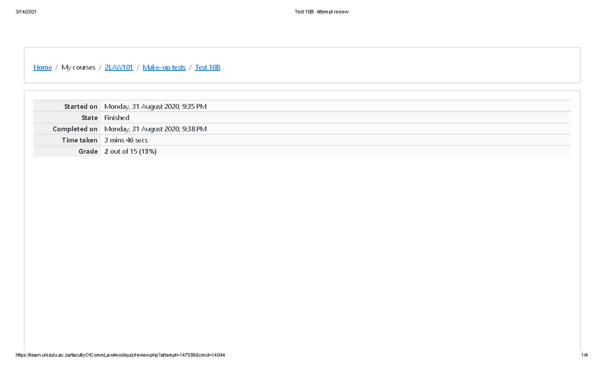 Test 10B Attempt Review - Home / My Courses / 2LAW101 / Make-up Tests ...