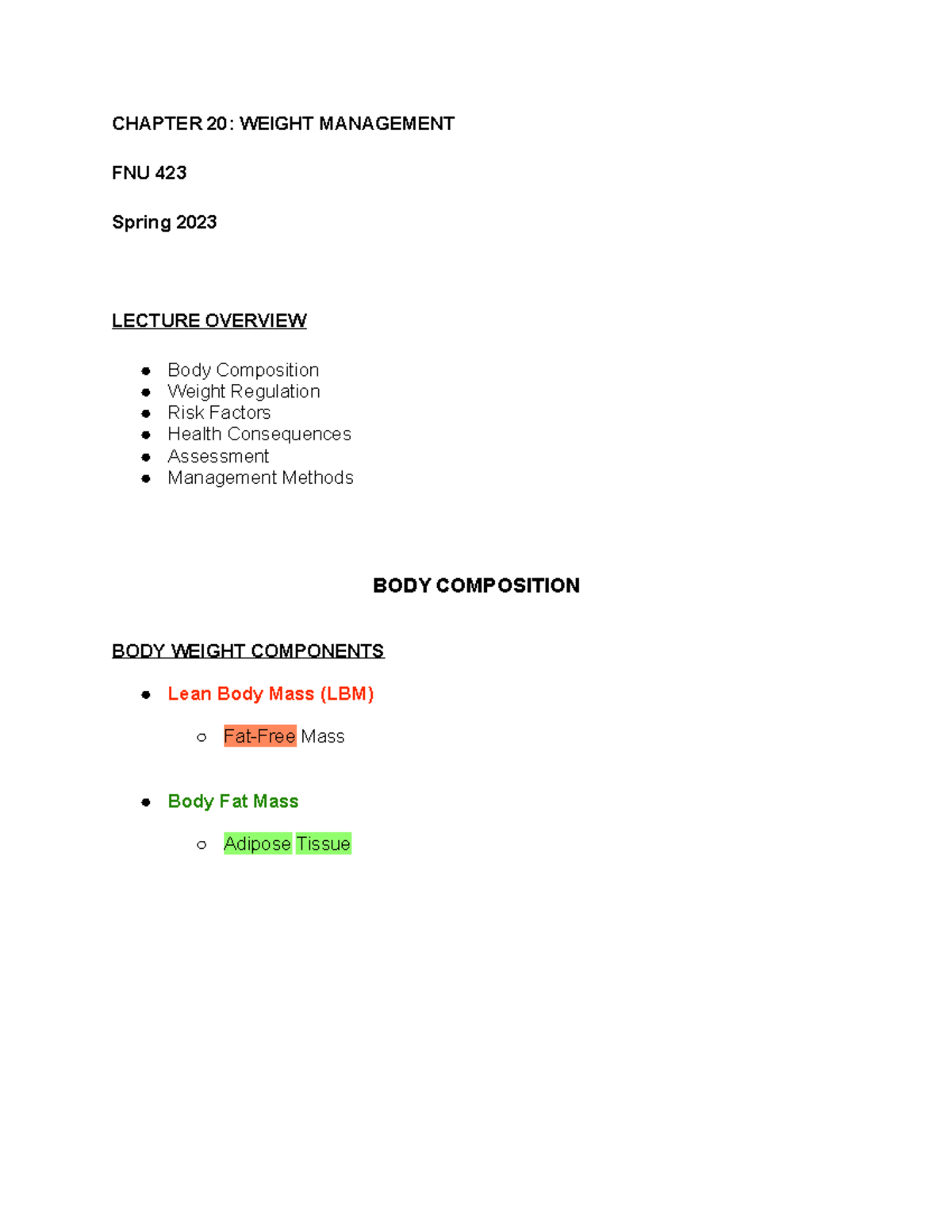 FNU 423 Ch. 20 Weight Management - CHAPTER 20: WEIGHT MANAGEMENT FNU ...