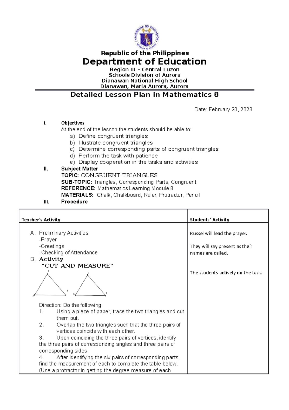 Lesson Plan 3rd Q Week 3 Republic Of The Philippines Department Of Education Region Iii 3417