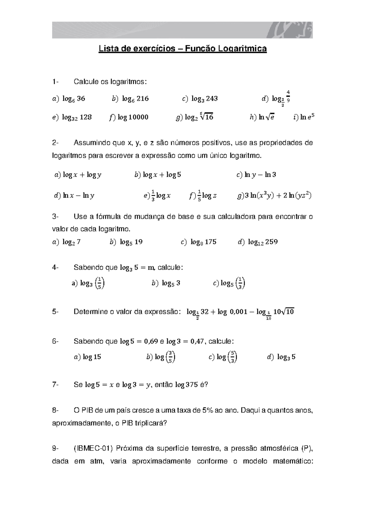 Exercicios De Função Logaritmica - GITEDU