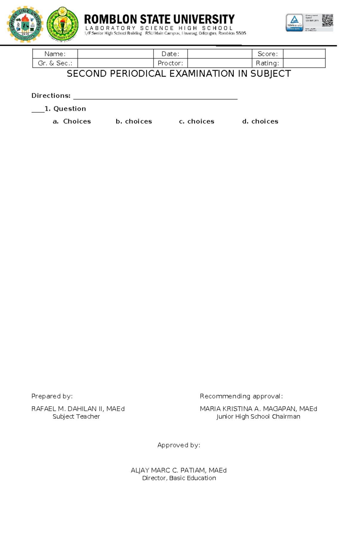 Test Draft - education - Bachelor of Secondary Education - Name: Date ...