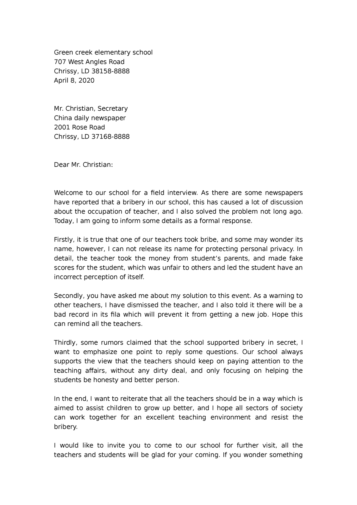 Business letter - assinments - Green creek elementary school 707 West ...