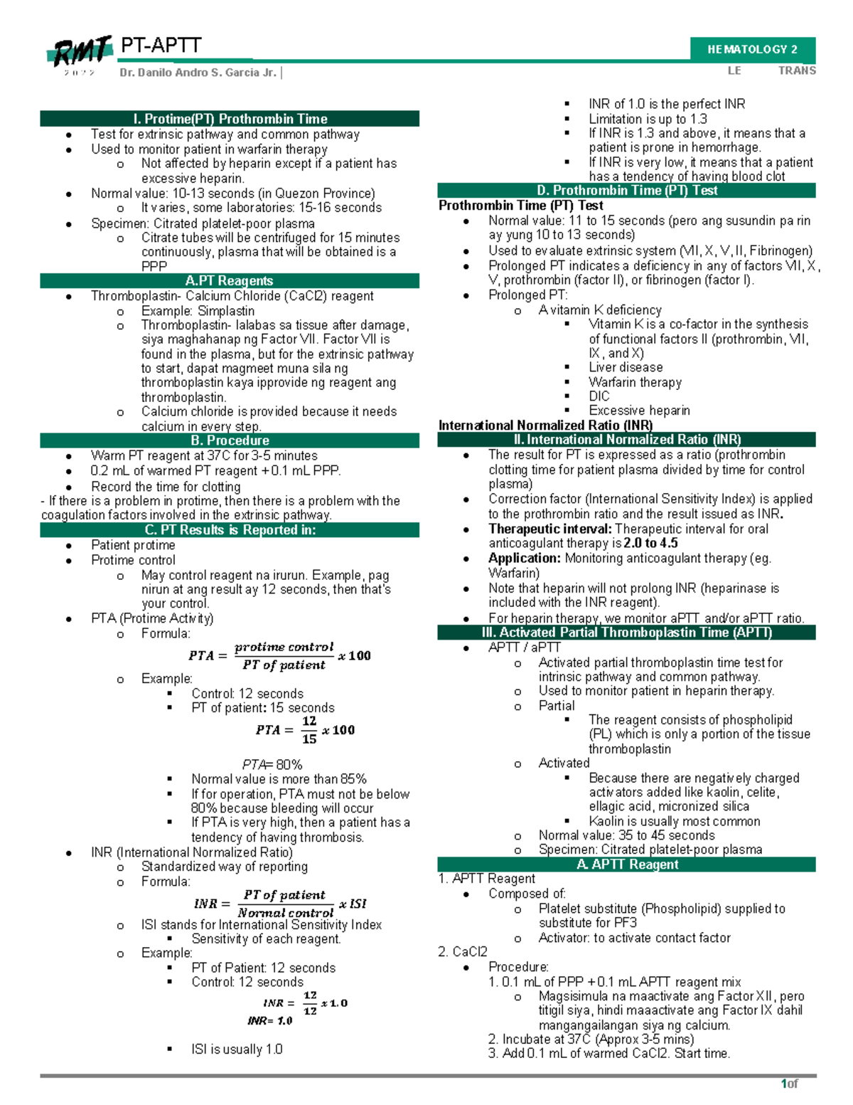 HEMA-2 - 1 of PT-APTT LE TRANS HEMATOLOGY 2 Dr. Danilo Andro S. Garcia ...