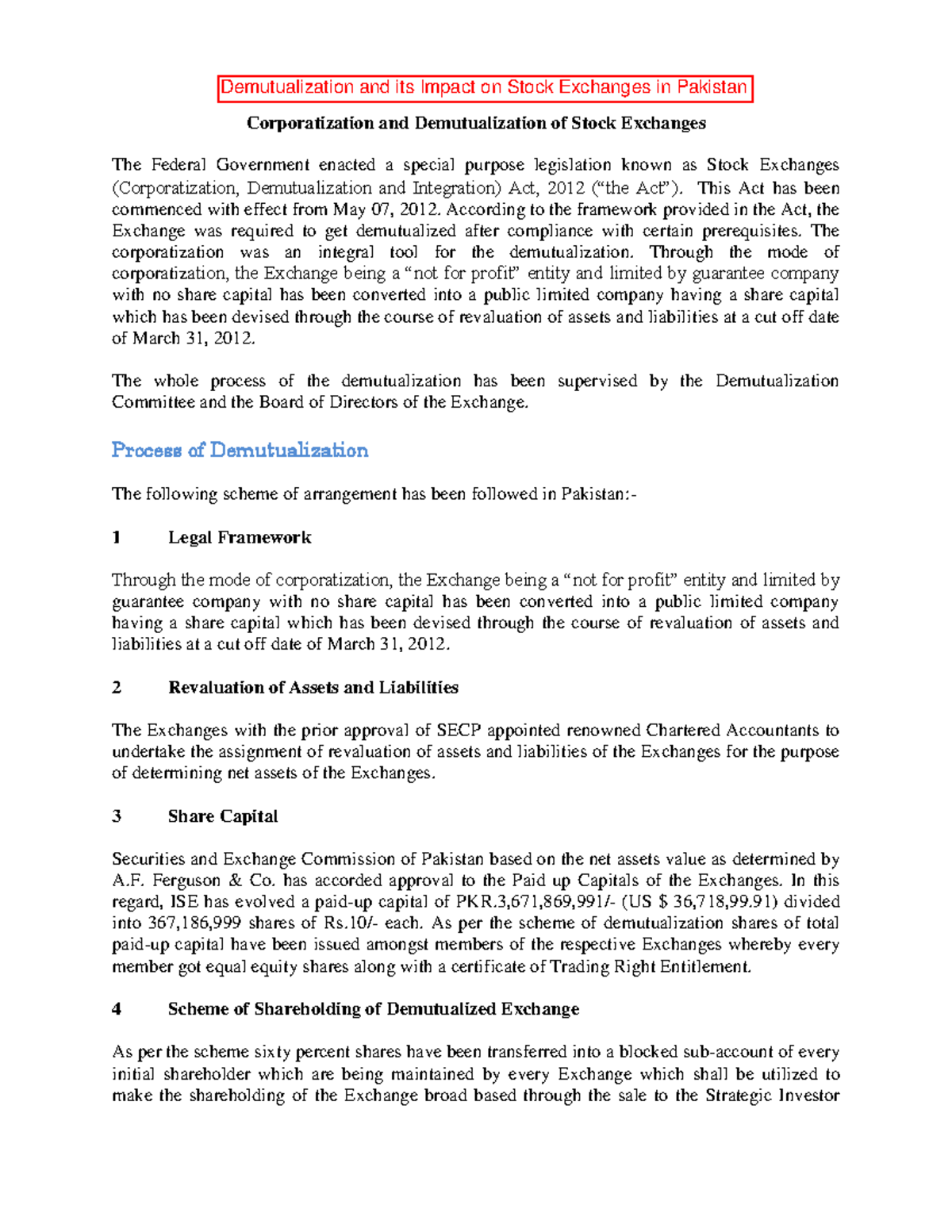 Demutualization and its Impact on Stock Exchanges in Pakistan-243 ...
