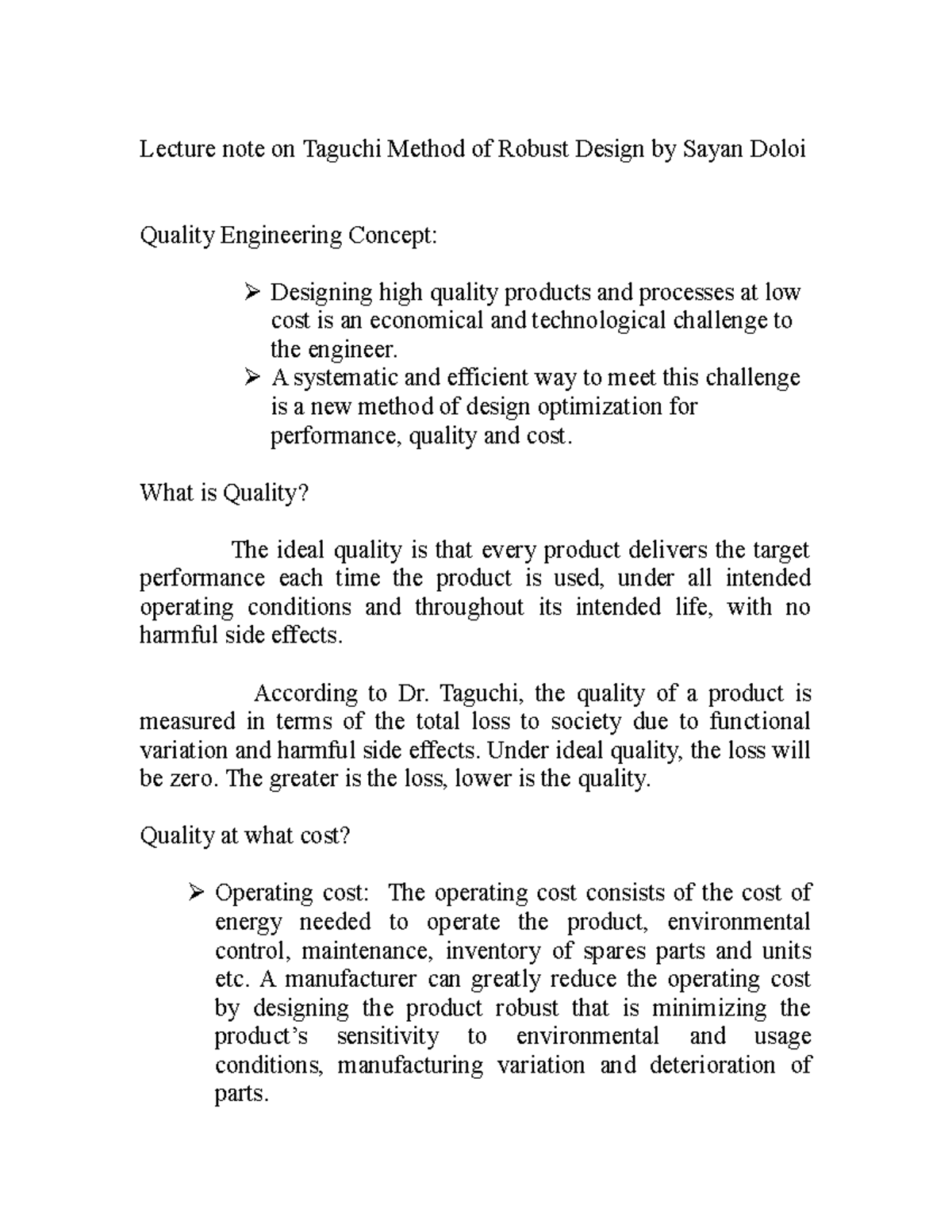 Lecture note on Taguchi Method of Robust Design - Total Quality ...