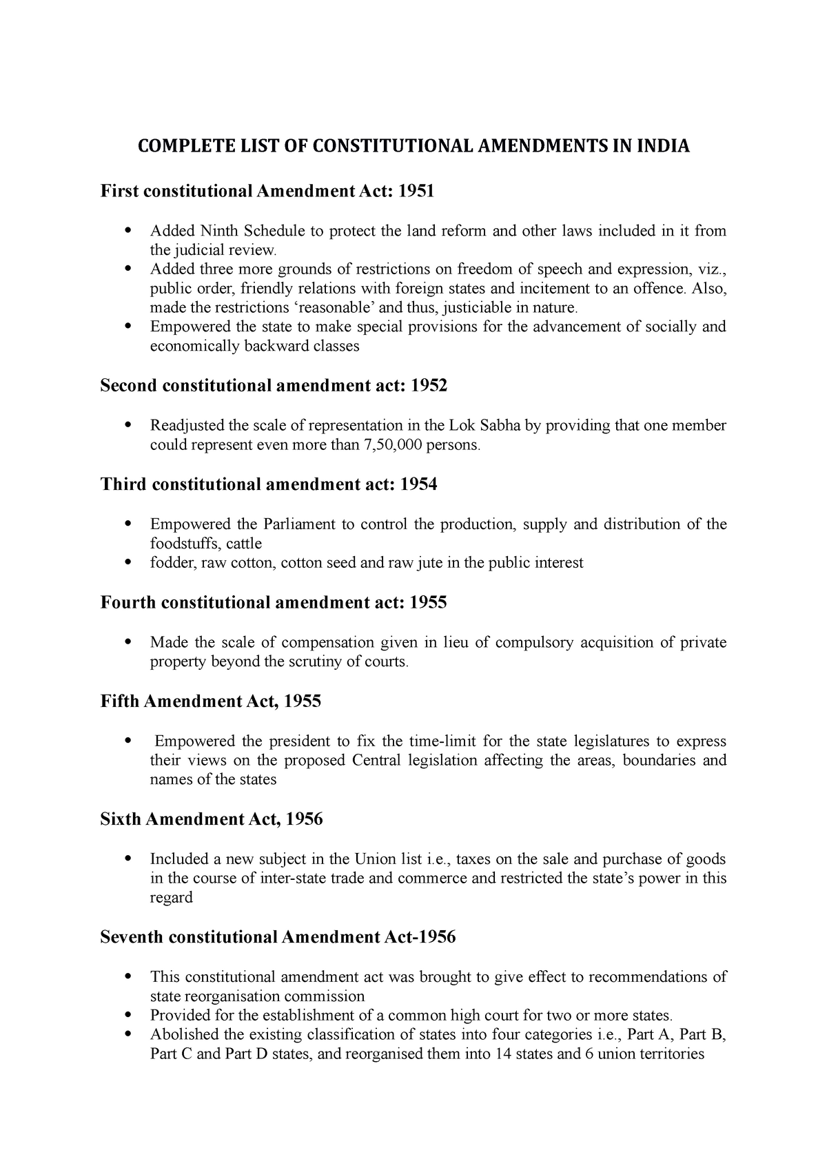 Complete List Of Constitutional Amendments In India Complete List Of