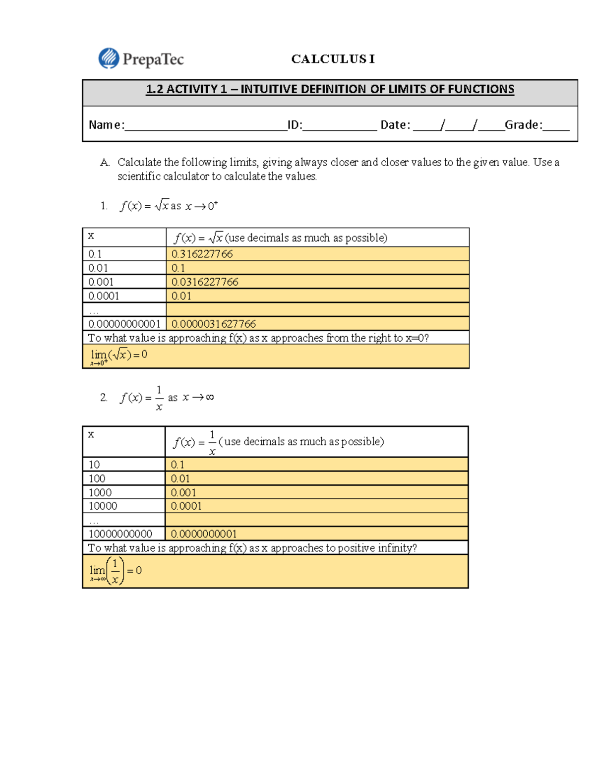 1.2 Activityanswers Matemáticas quinto semestre CALCULUS I 1