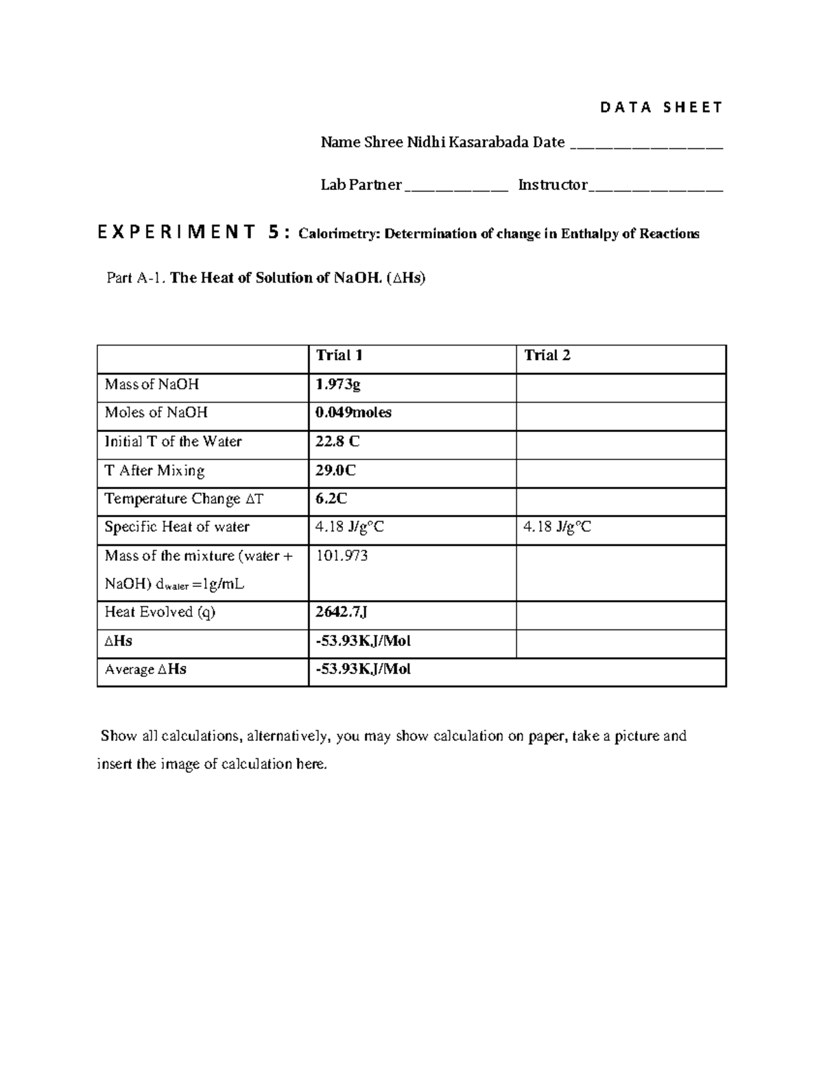 CHM1046 L Exp 5 Data Sheet - D A T A S H E E T Name Shree Nidhi ...