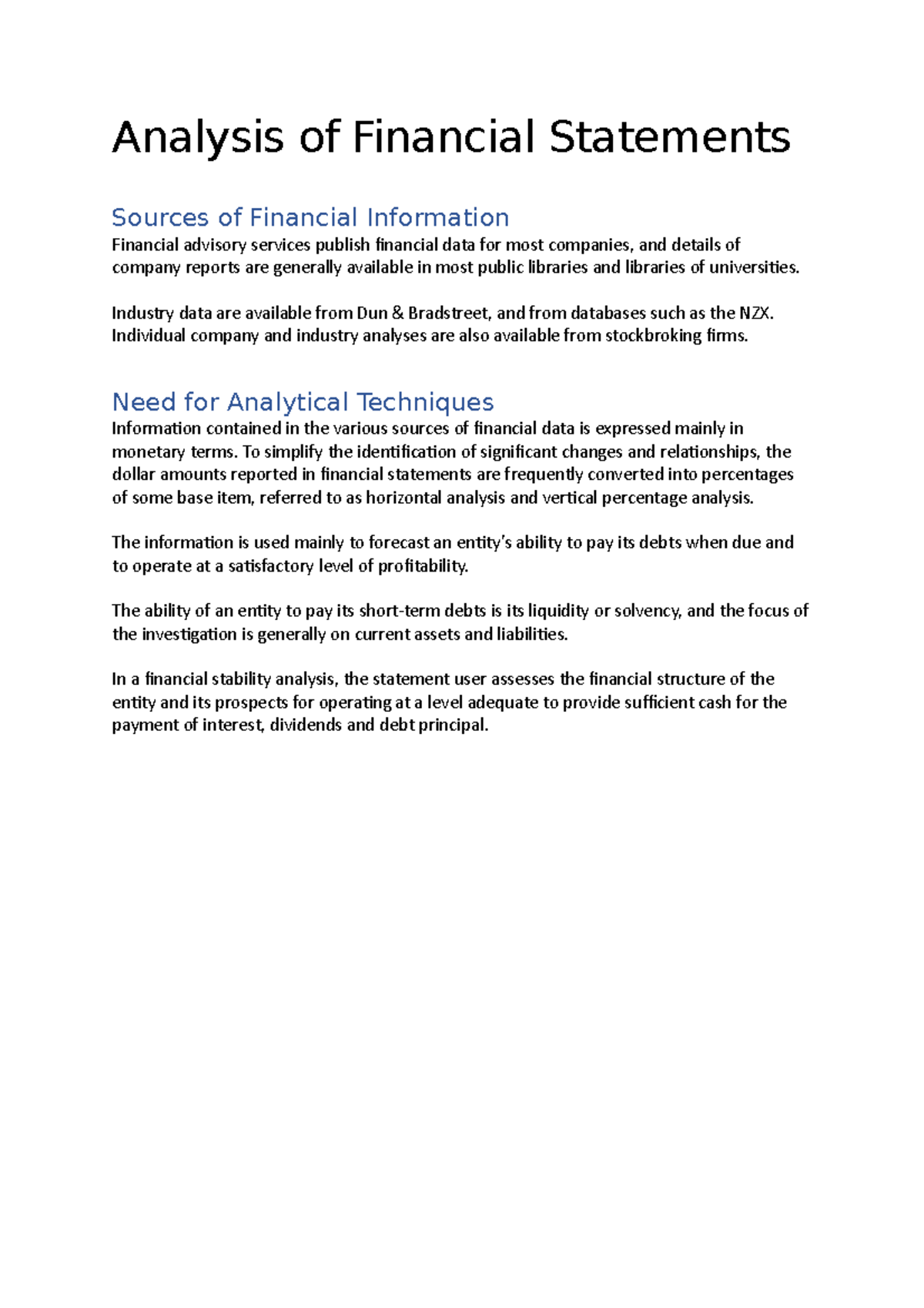 Analysis of Financial Statements Analysis of Financial Statements