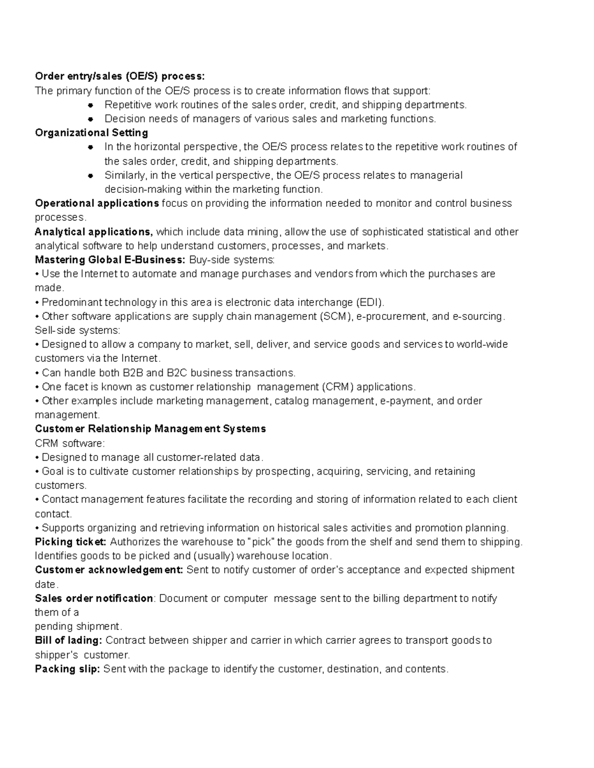 Pt 2 terms (10,11,12,13) - Order entry/sales (OE/S) process: The ...