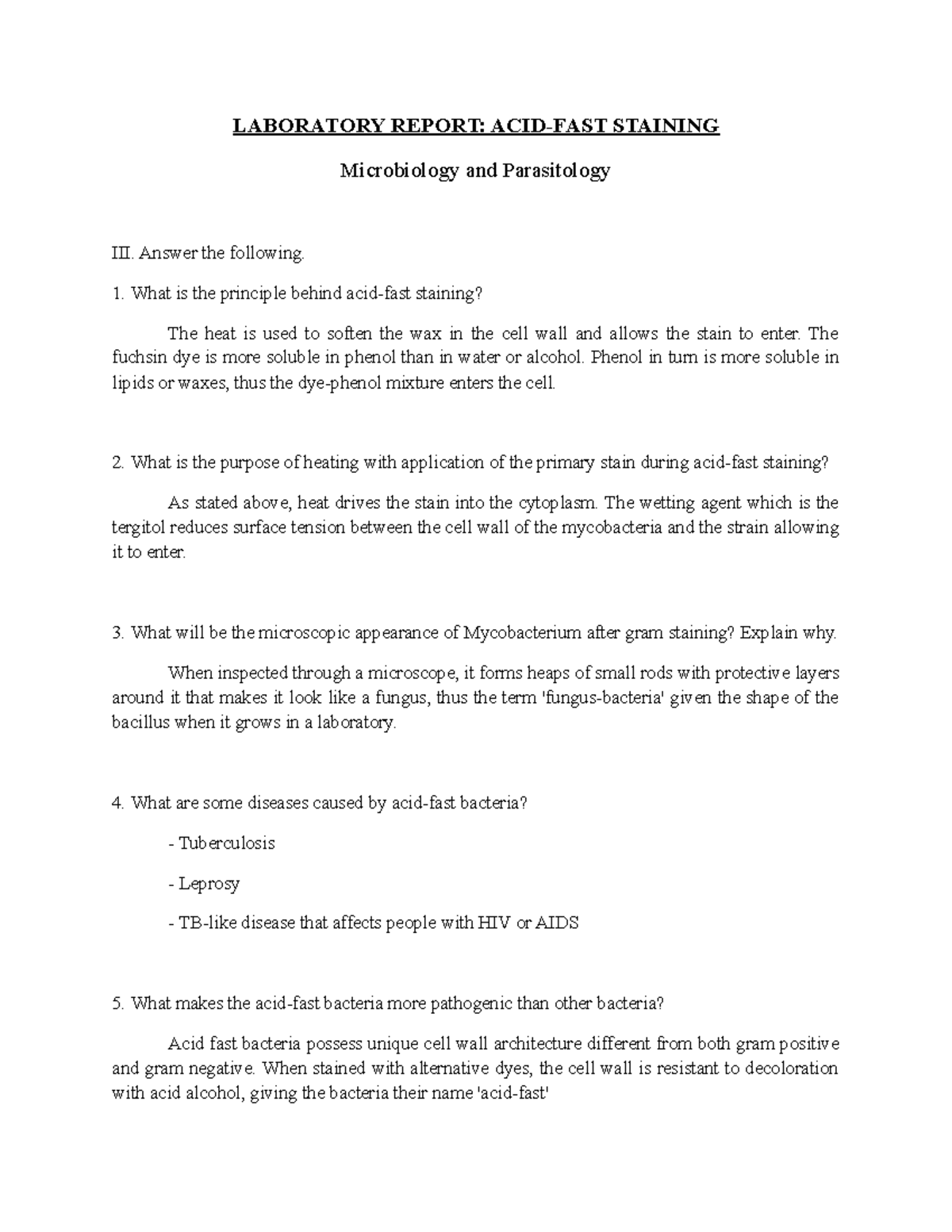 Laboratory Report LABORATORY REPORT ACIDFAST STAINING Microbiology and Parasitology III