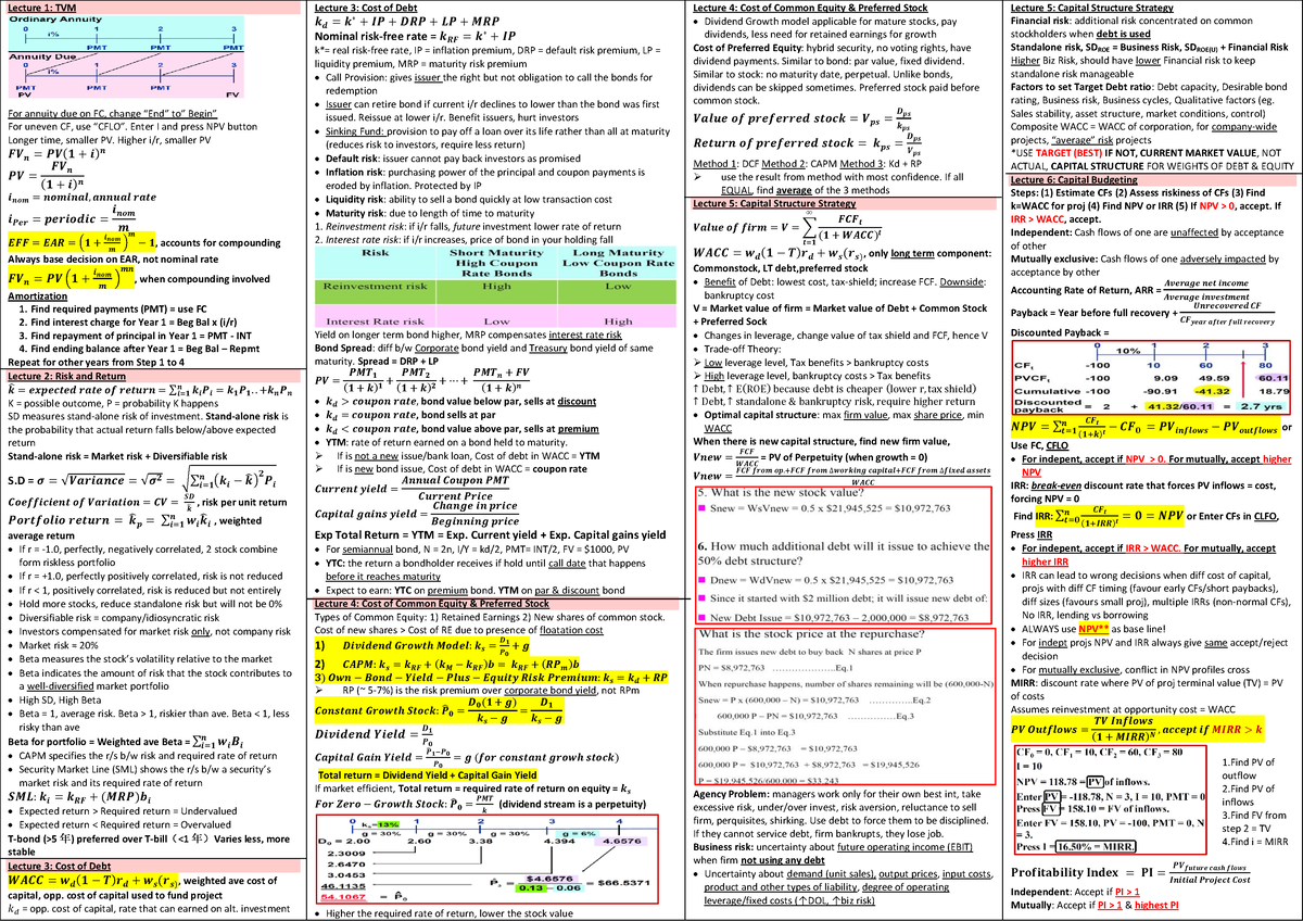 Final Cheatsheet - Lecture 1: TVM For annuity due on FC, change “End ...