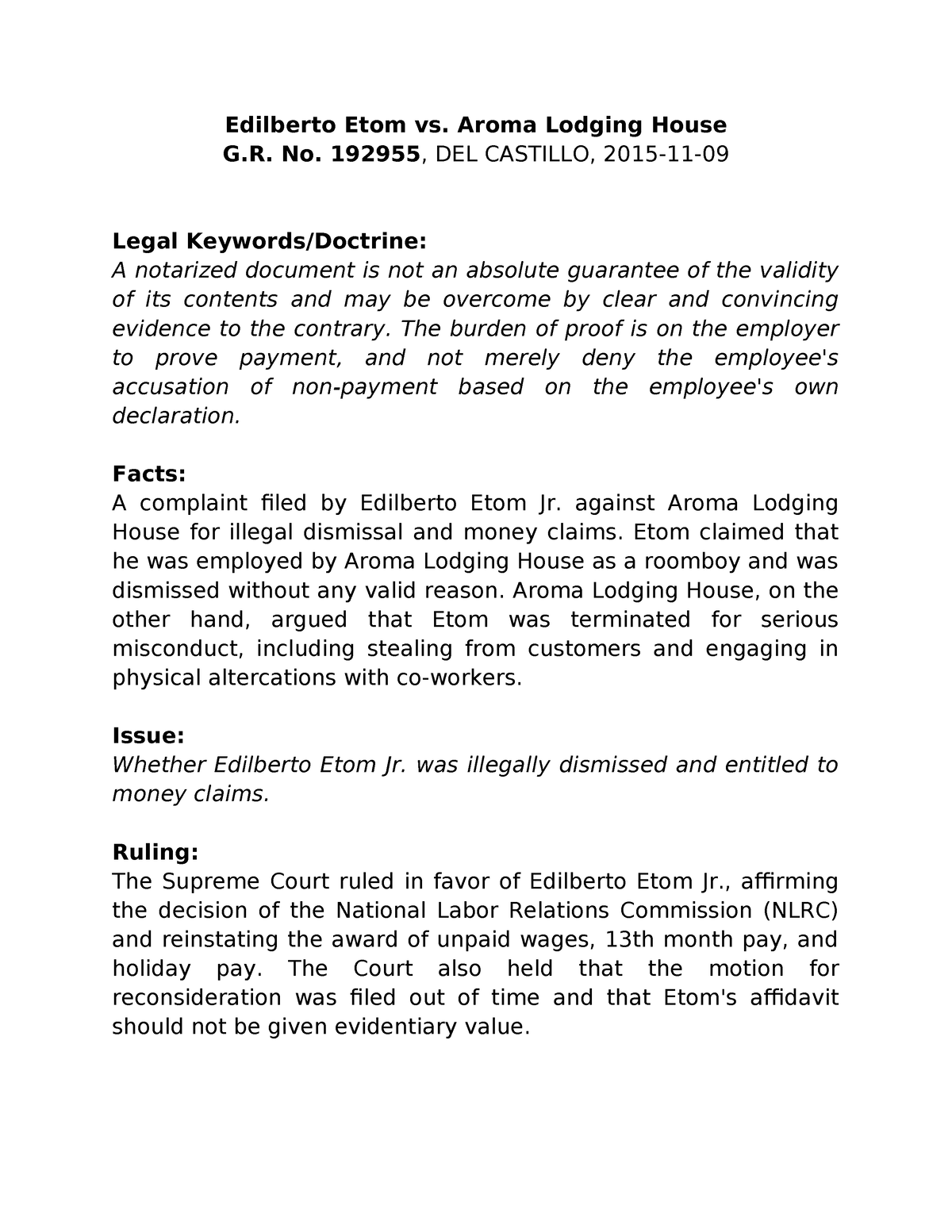 Etom vs. Aroma 2015 - labor law - Edilberto Etom vs. Aroma Lodging ...