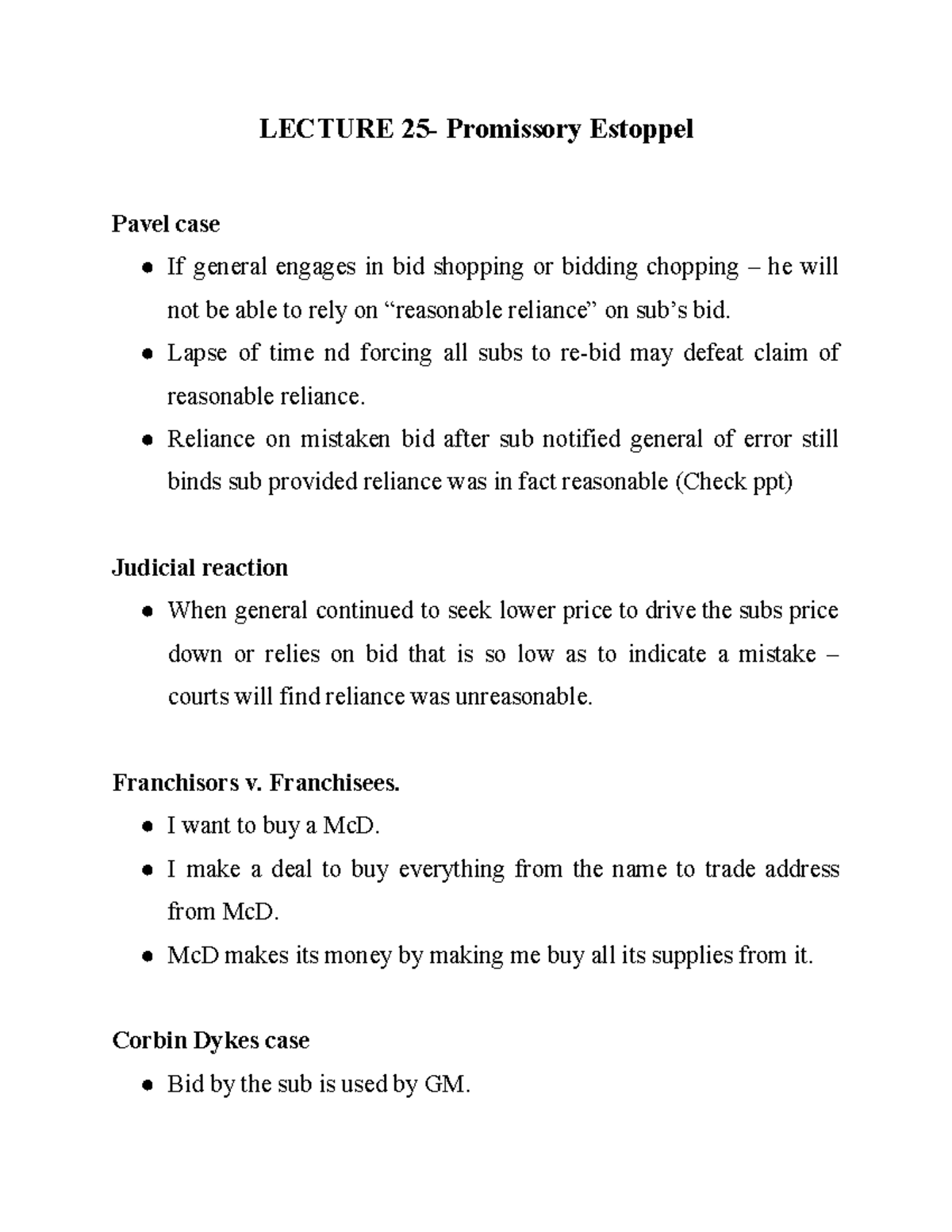 CL-25 - Lecture notes 25 - LECTURE 25- Promissory Estoppel Pavel case ...