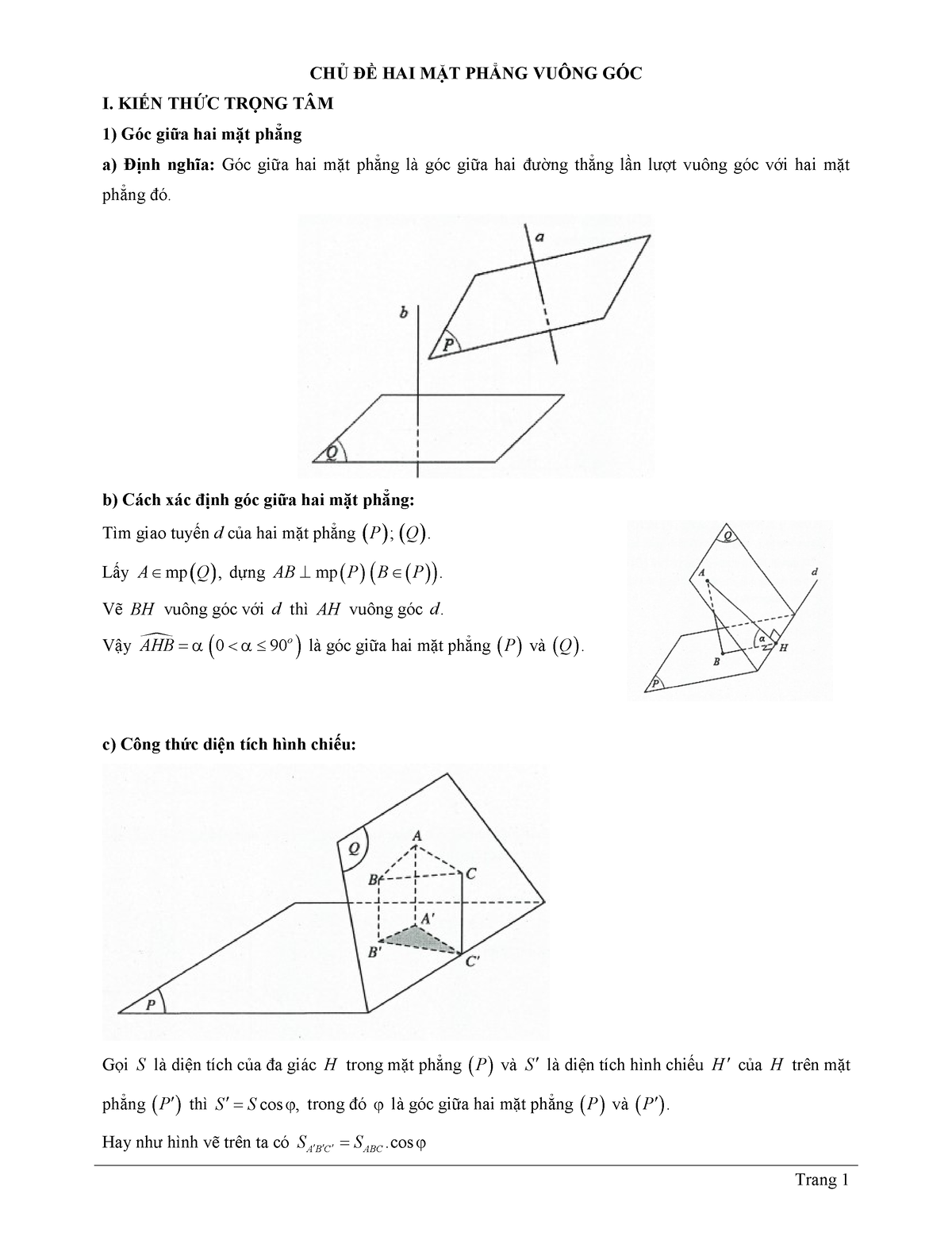 Tai Lieu Chu De Hai Mat Phang Vuong Goc - Chủ Đề Hai Mặt Phẳng Vuông Góc I.  Kiến Thức Trọng Tâm Góc - Studocu