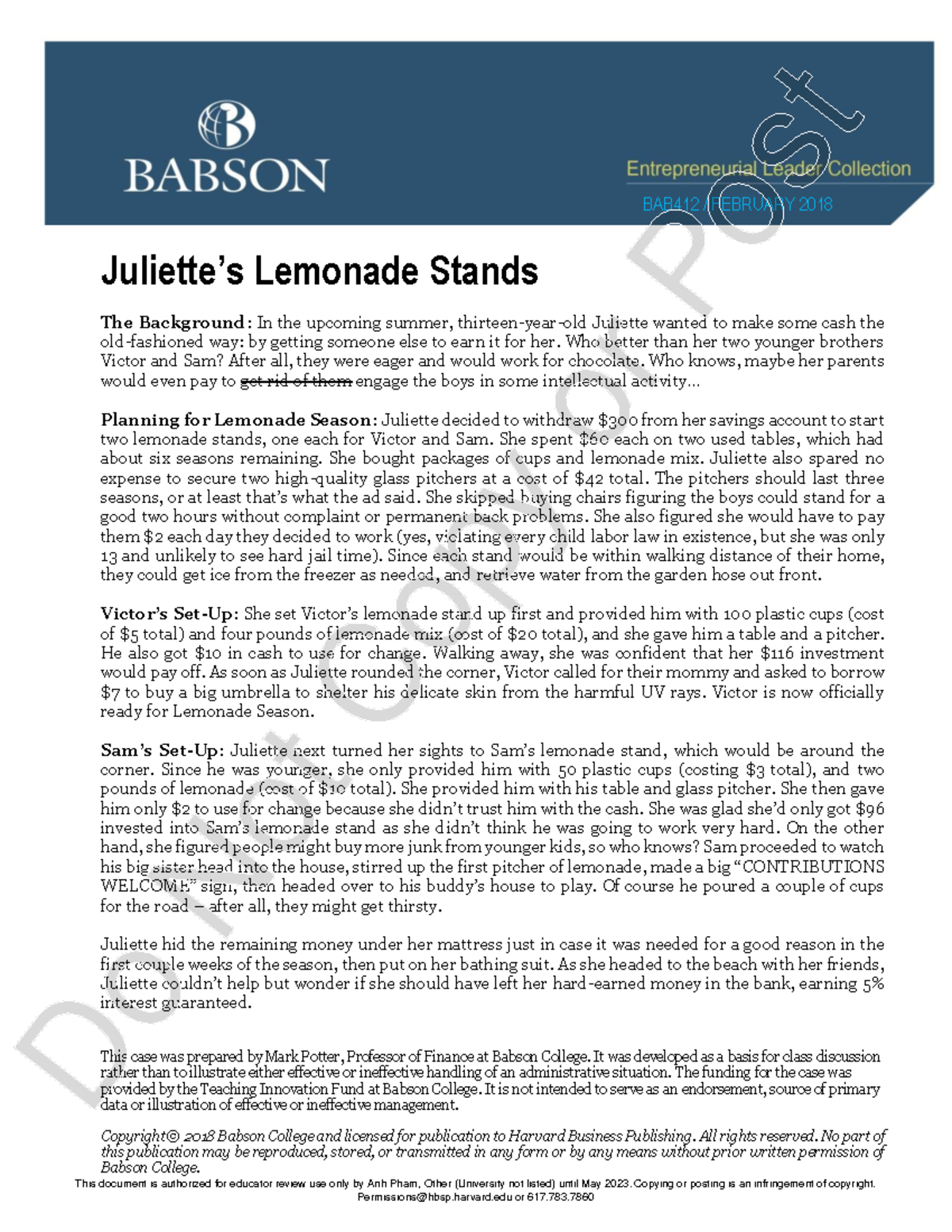 HW1 Lemonade Stands corporate finance group work This case was