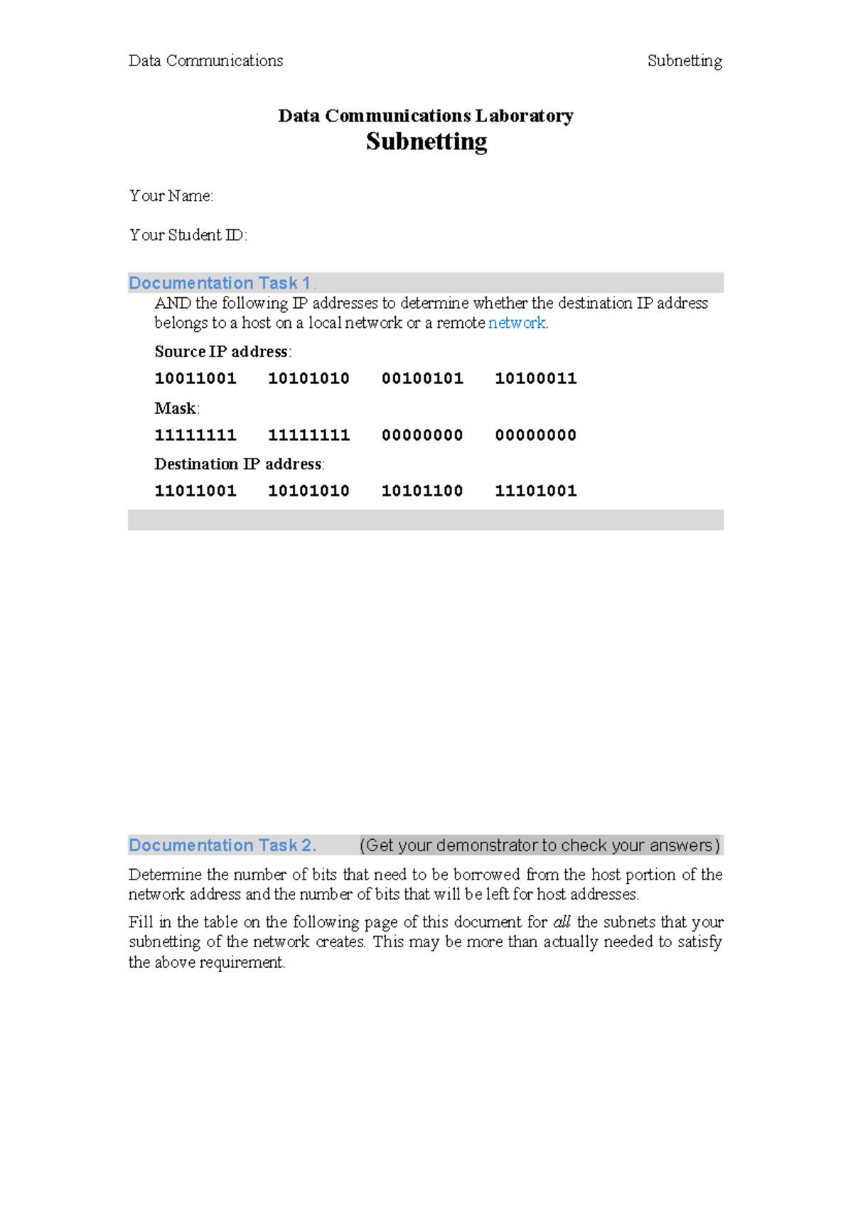 Practical - Subnetting - Documentation Template - Data Communications ...