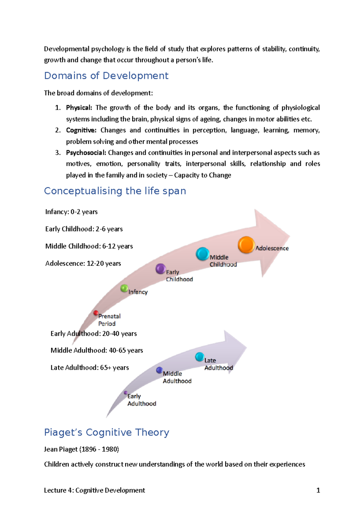 PYB100 Lecture Week 4 Notes 2018 - Developmental psychology is the ...