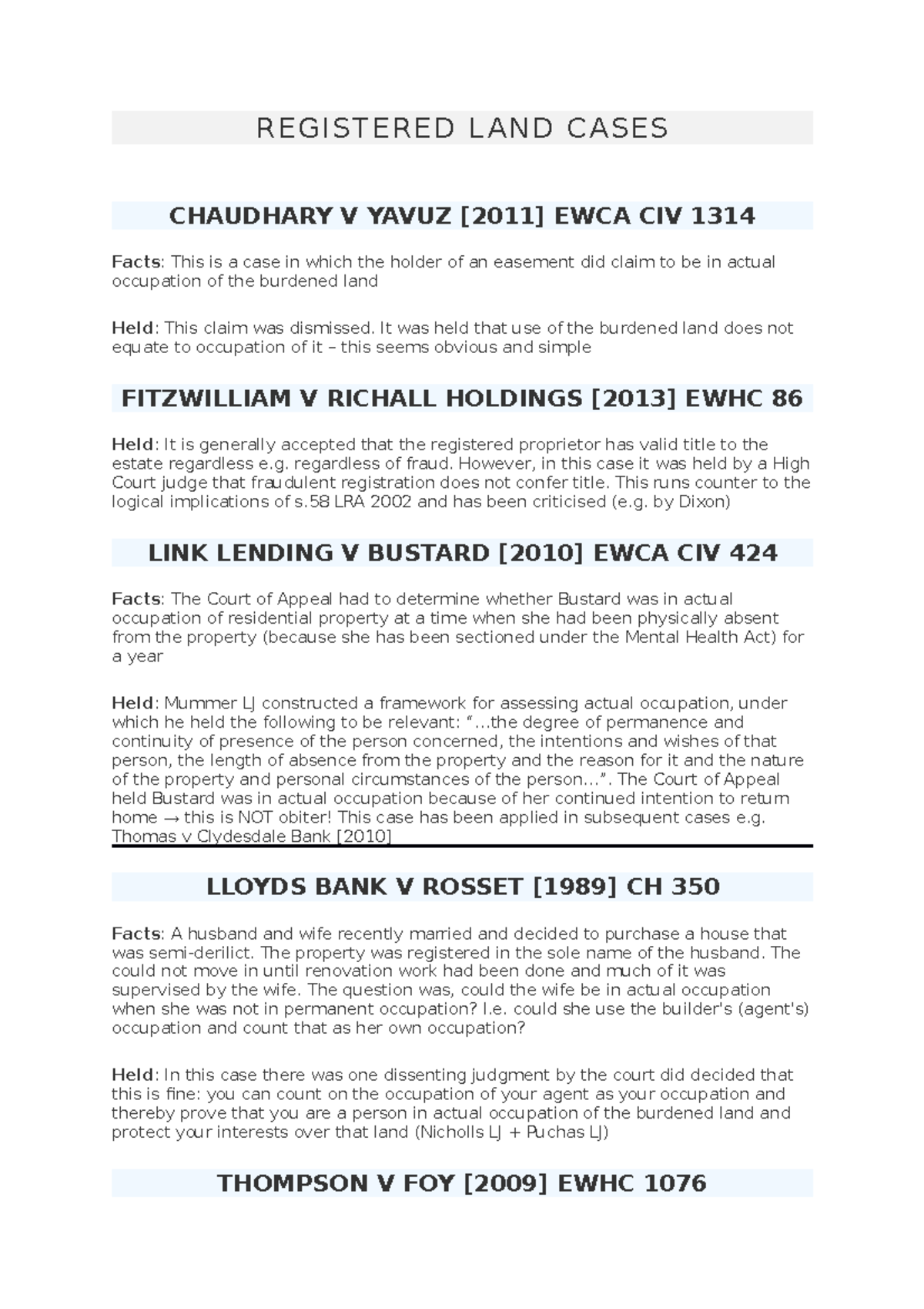Summary of cases on Registered LAND Cases REGISTERED L AND CASES CHAUDHARY V YAVUZ [2011] EWCA