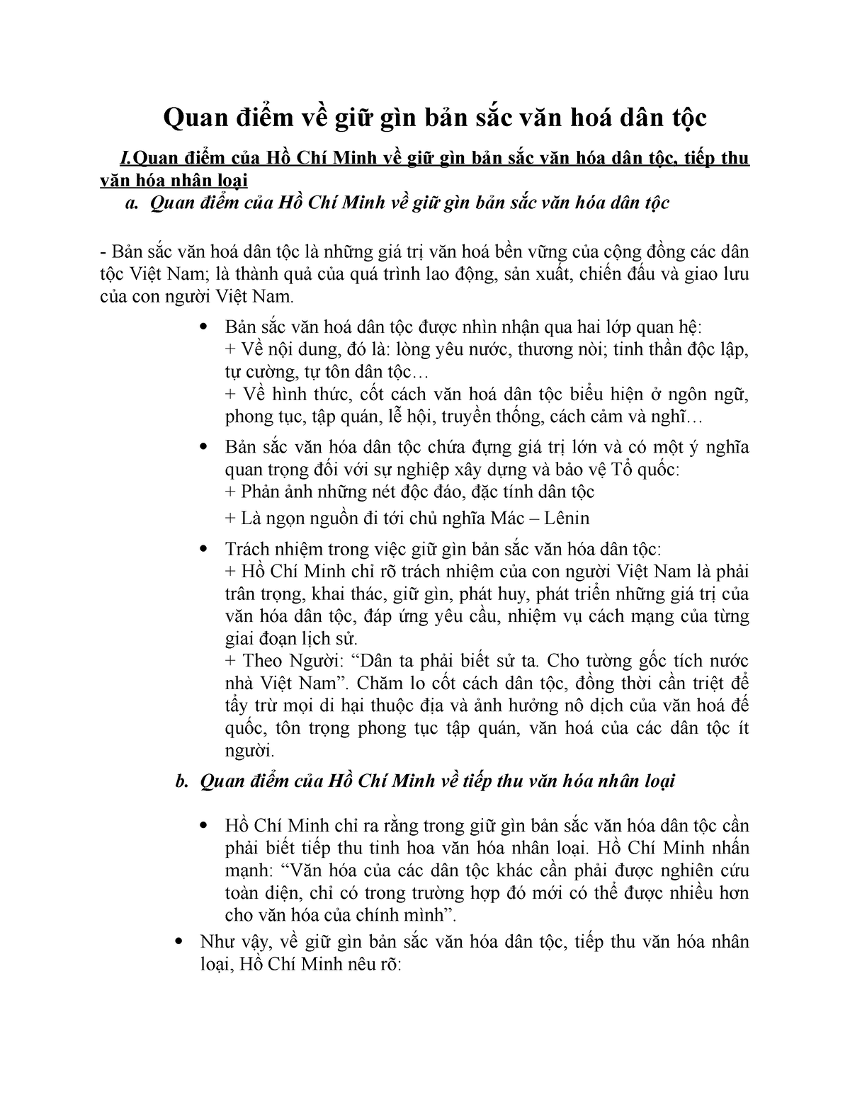 Quan điểm về giữ gìn bản sắc văn hoá dân tộc - Quan điểm của Hồ Chí Minh về giữ gìn bản sắc văn hóa - Studocu