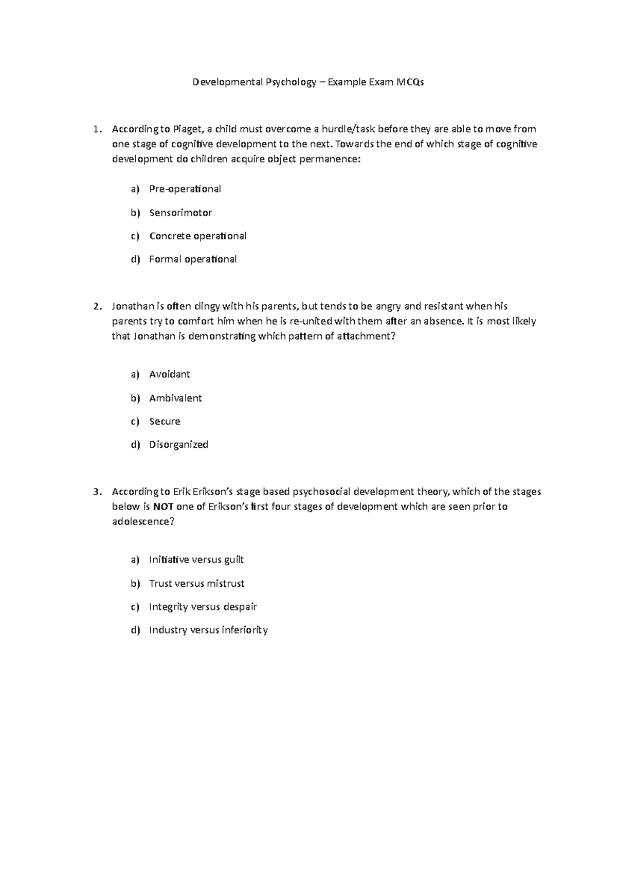 Developmental Psychology MCQs - Developmental Psychology – Example Exam ...