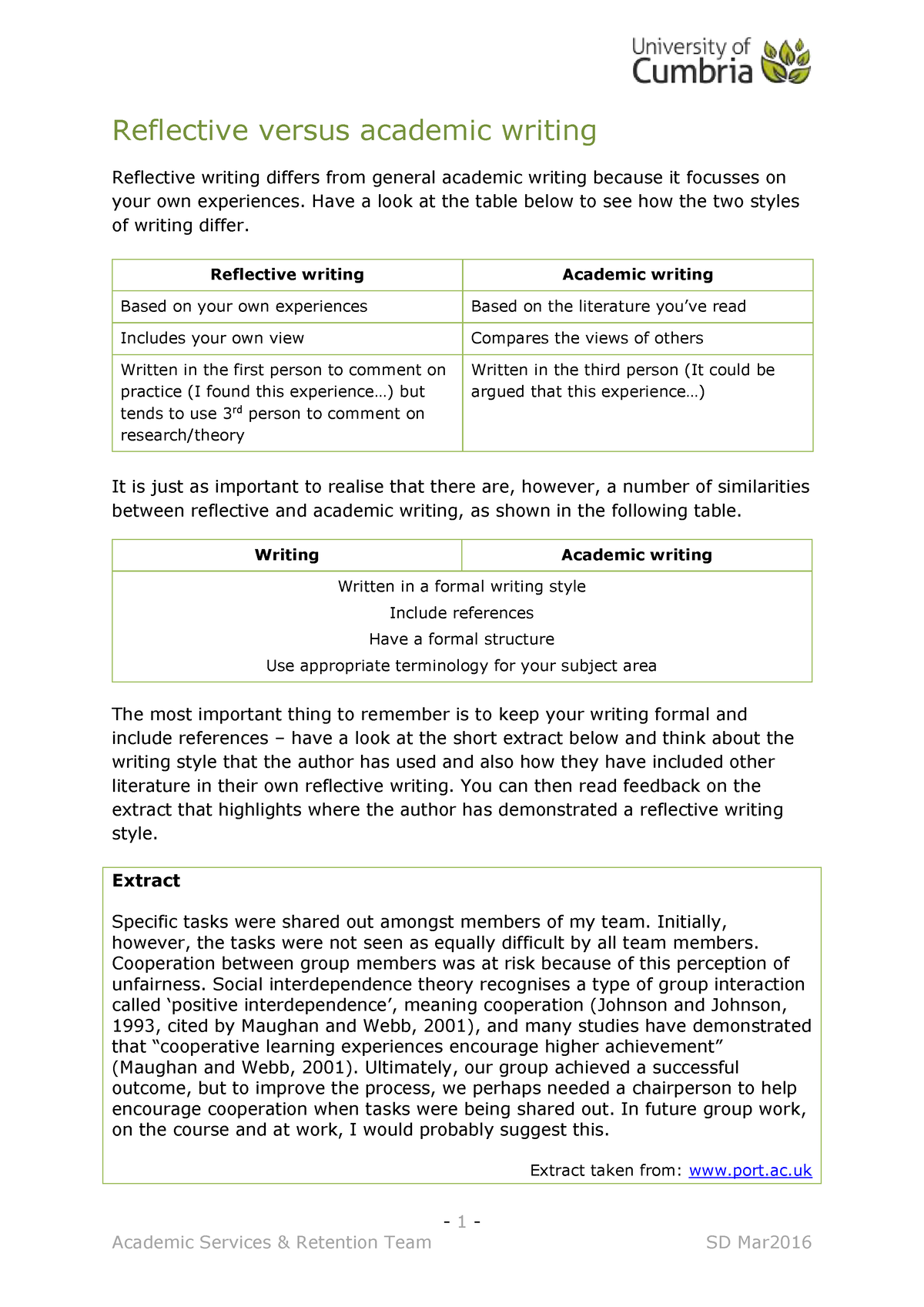 Reflectivevs Academic Writing - 1 - Reflective versus academic writing ...