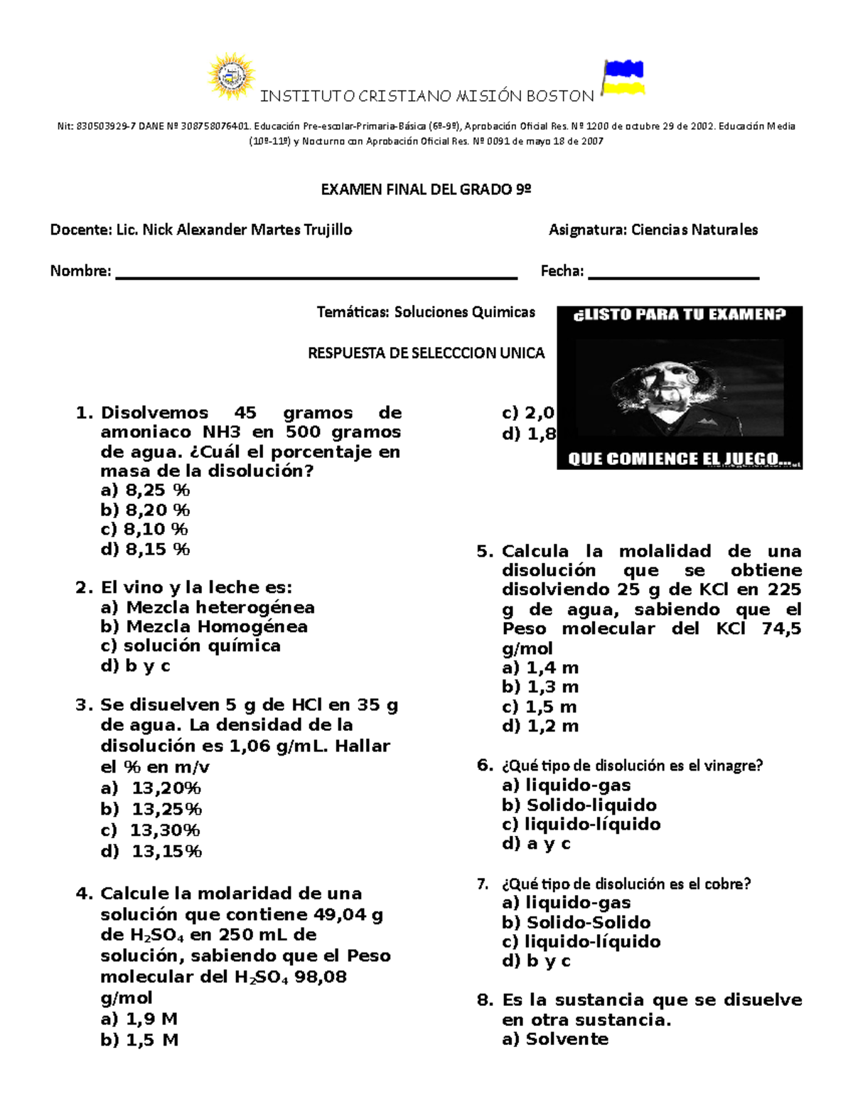 Examen Final DEL Grado 9º Icfes ciencias naturales Biología General