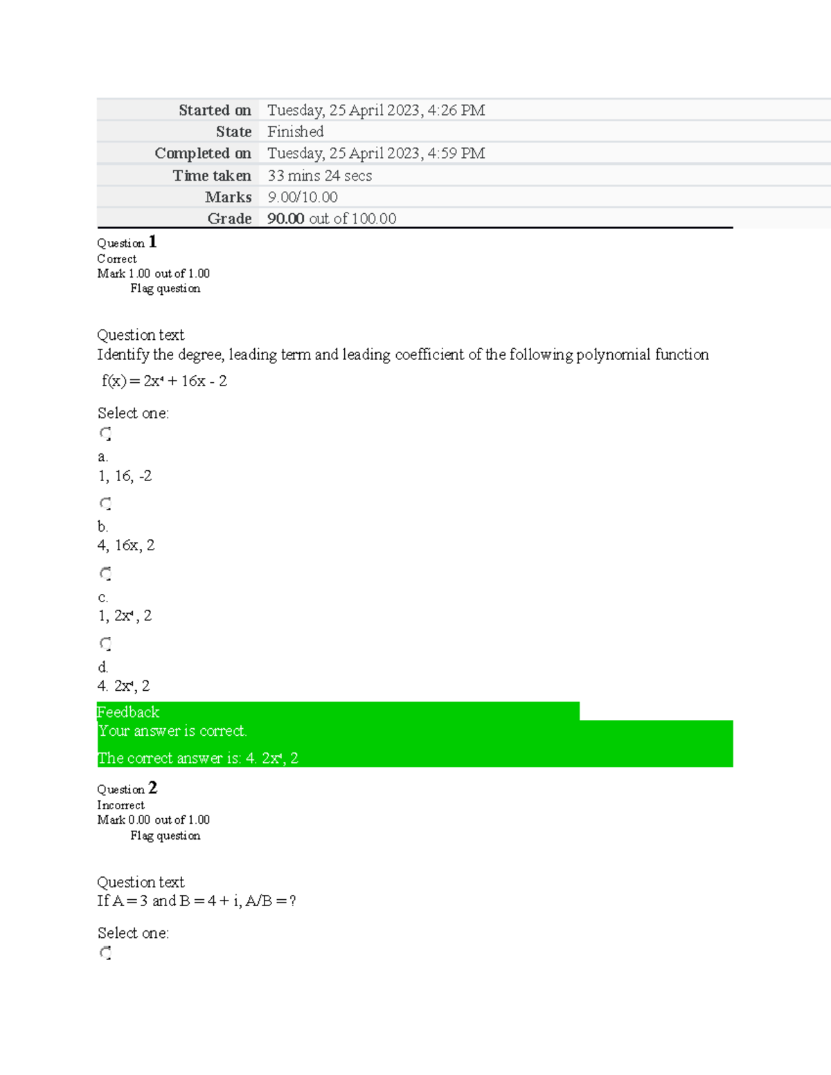 Graded Quiz Unit 3 - MATH 1201 College Algebra - Started On Tuesday, 25 ...