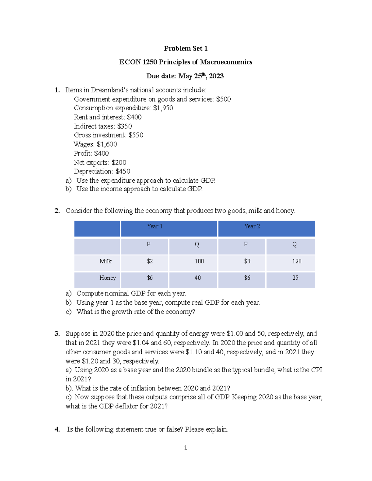 Problem Set 1 - sdf - Problem Set 1 ECON 1250 Principles of ...