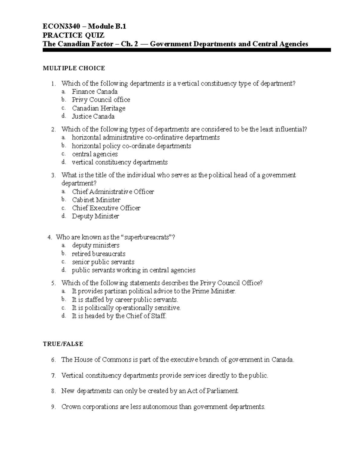 Module B.1 - Ch 2 Practice Quiz Government Departments And Central ...