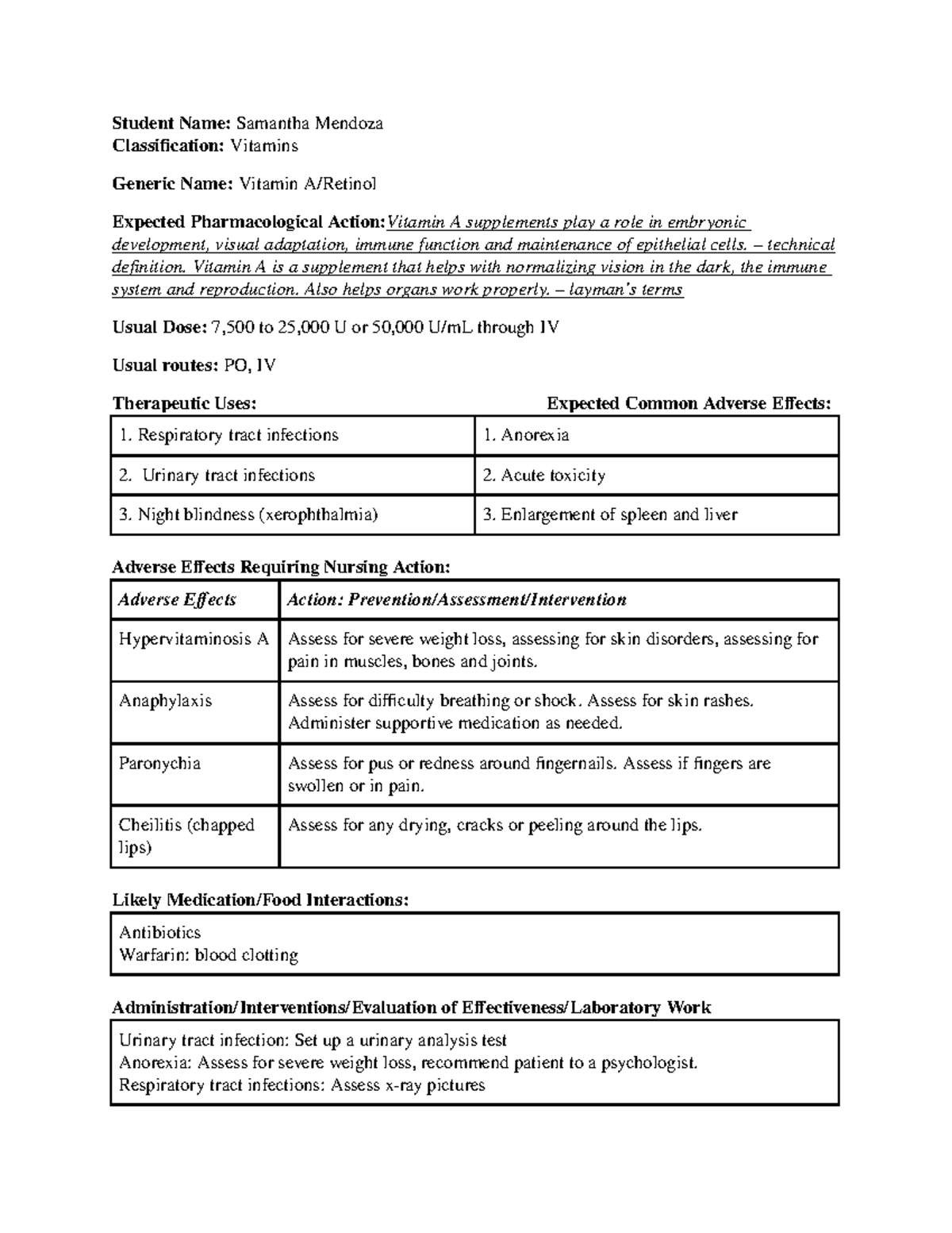 Vitamin A - Student Name: Samantha Mendoza Classification: Vitamins ...