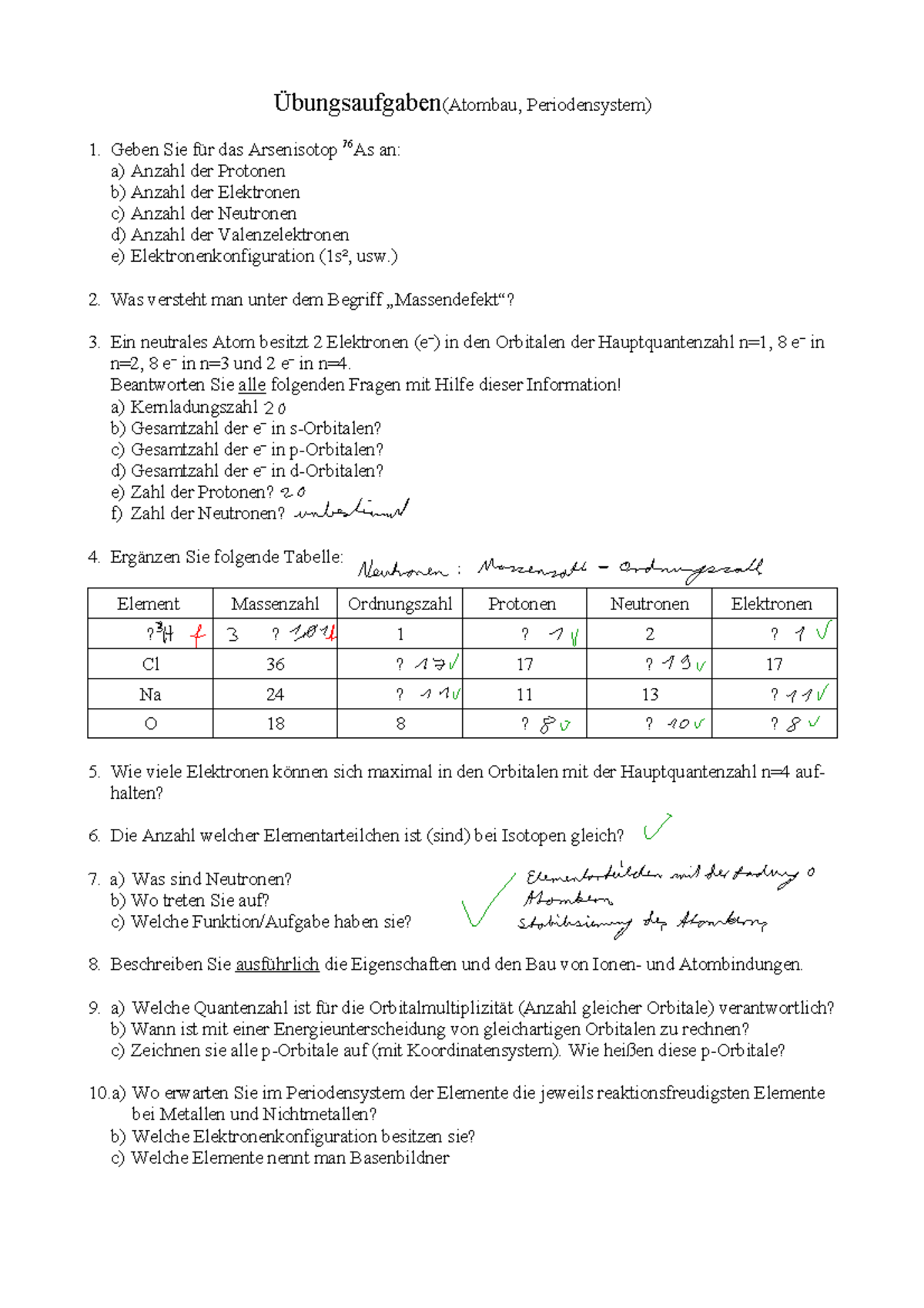 Klassenarbeit Atombau Und Periodensystem Pdf Aufgabenblatt AC I-1 - Übung - Übungsaufgaben(Atombau, Periodensystem