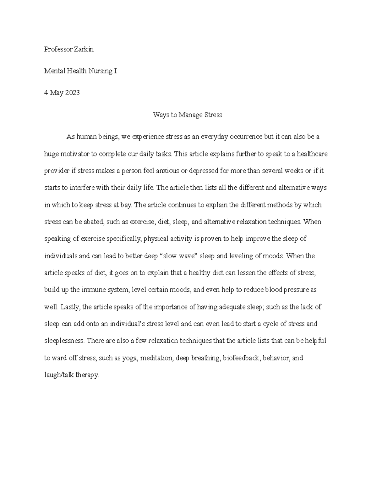 Ways to Manage Stress - Assignment based on reading articles and ...