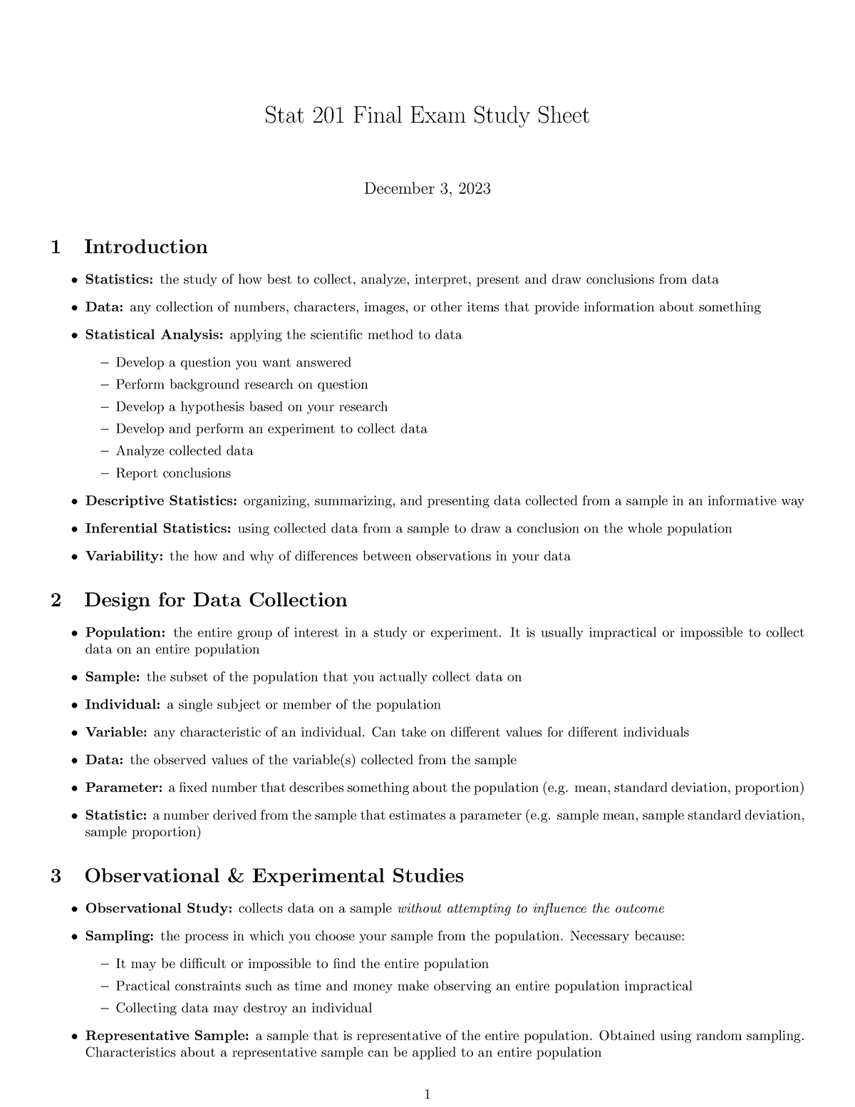 Stat 201 Study Sheet final - Stat 201 Final Exam Study Sheet December 3 ...