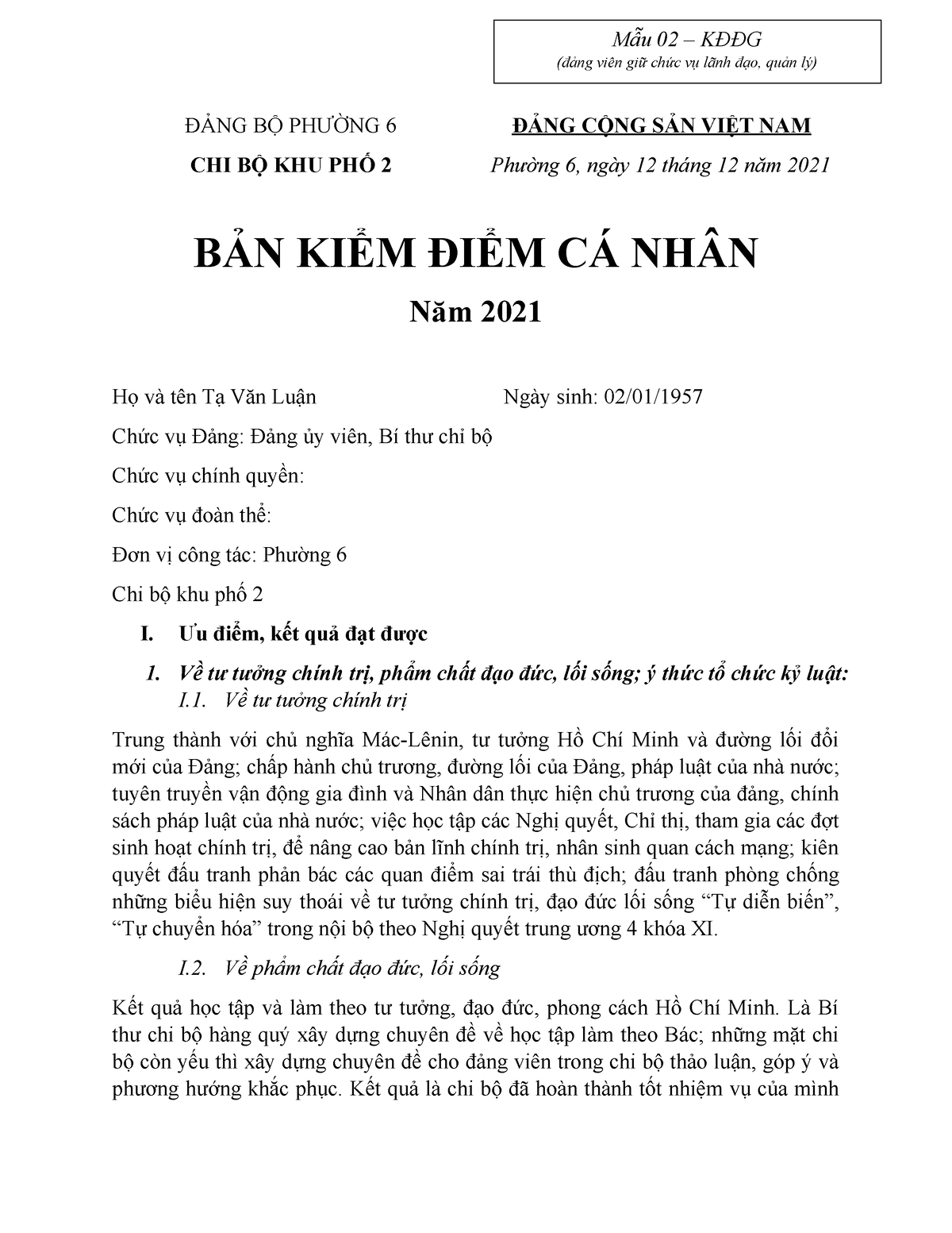 Bản Kiểm Điểm Cá Nhân - Xxxxxxxxxxxxxxxxxxxx - 1 Đảng Bộ Phường 6 Đảng Cộng  Sản Việt Nam Chi Bộ Khu - Studocu